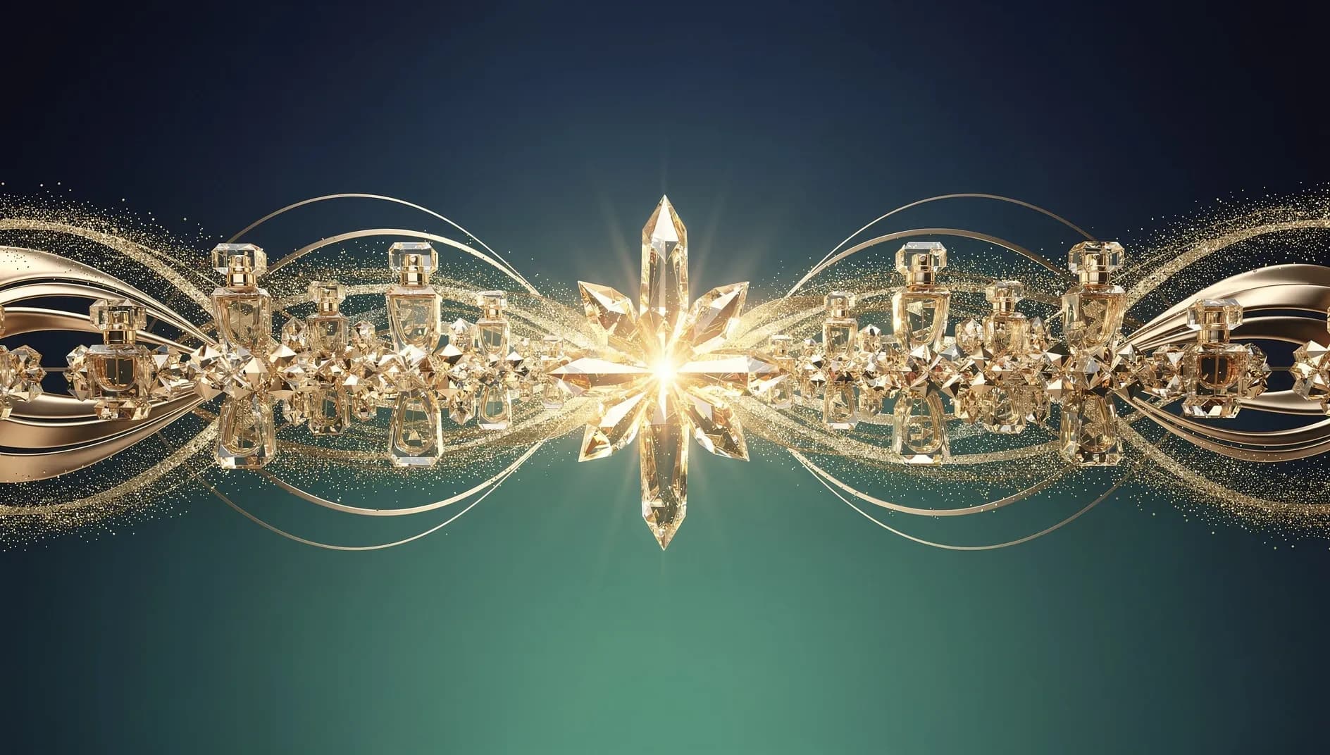 Illustration abstraite de la convergence entre deux empires du luxe, symbolisée par des flux dorés et cristallins sur fond bleu profond