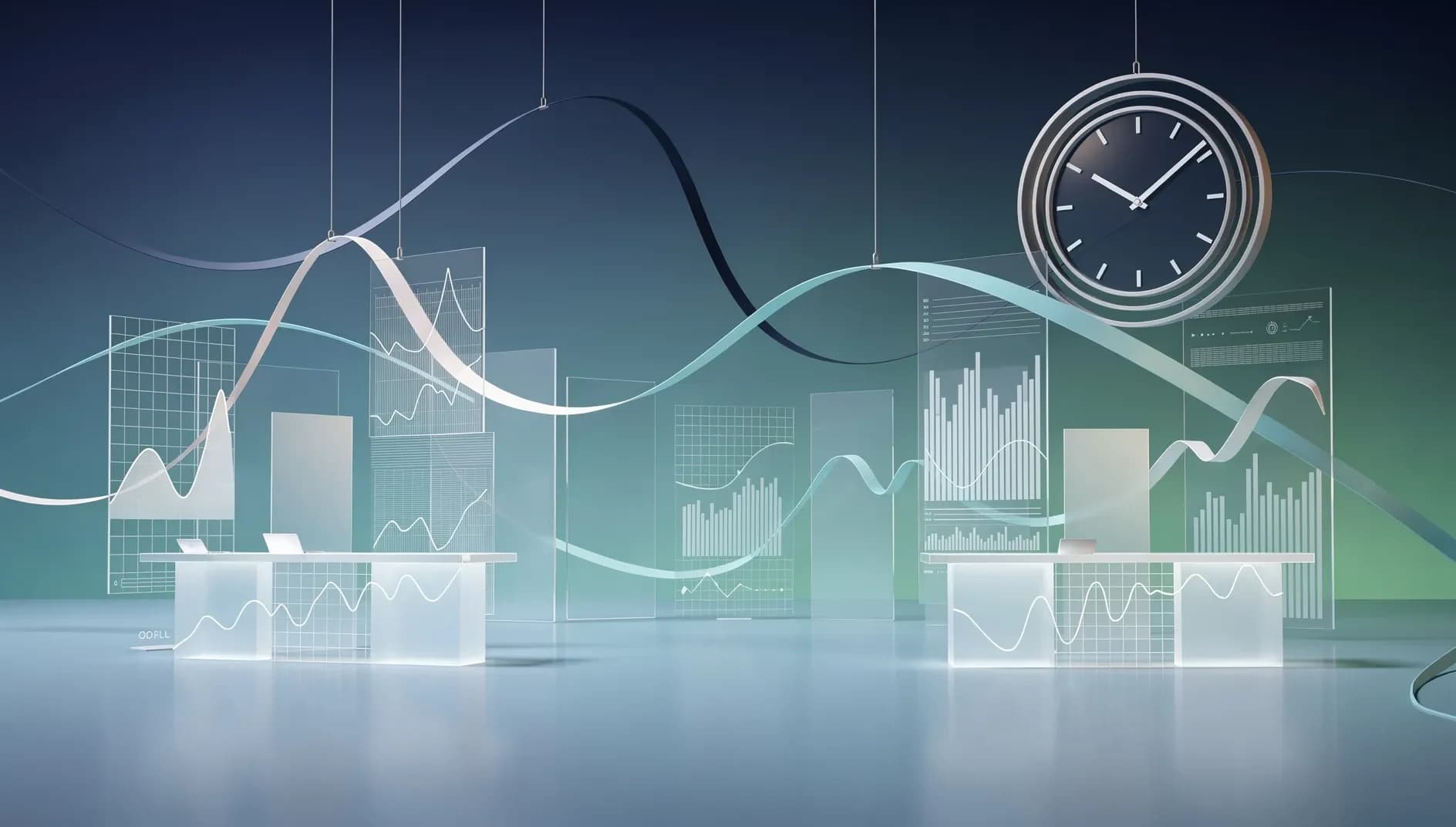 Visualisation abstraite de flux de données économiques suspendus dans le temps, symbolisant l'attente des marchés face aux statistiques de l'emploi