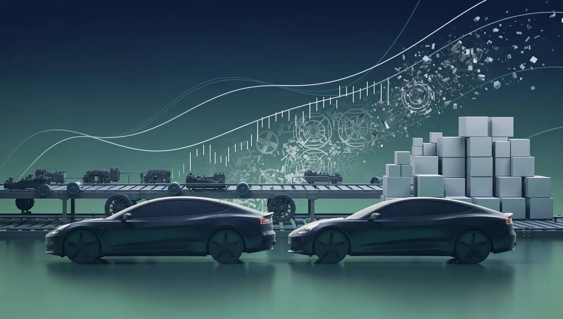 Illustration abstraite représentant des flux industriels et des lignes de production automobile dans un univers technologique et futuriste