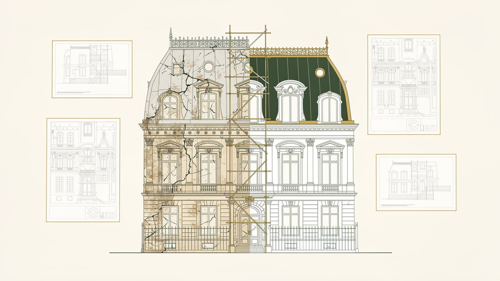 Immeuble classé monument historique en cours de restauration dans un centre-ville français