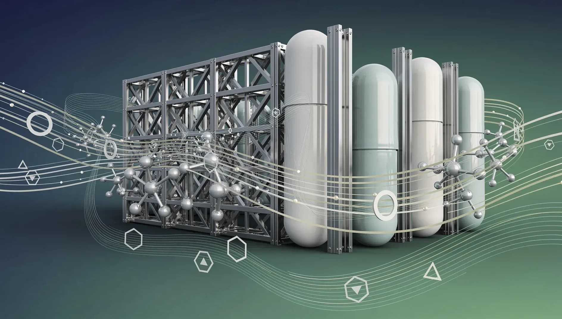 Représentation abstraite de flux commerciaux mondiaux et de barrières tarifaires, avec des formes géométriques évoquant des structures industrielles et des molécules pharmaceutiques
