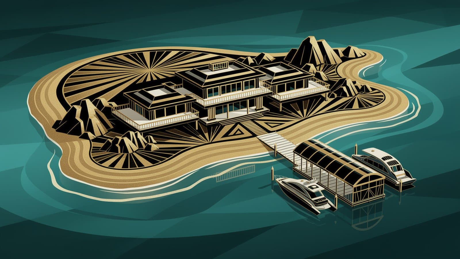 Vue aérienne d'une île privée bretonne avec villa de prestige et infrastructures maritimes