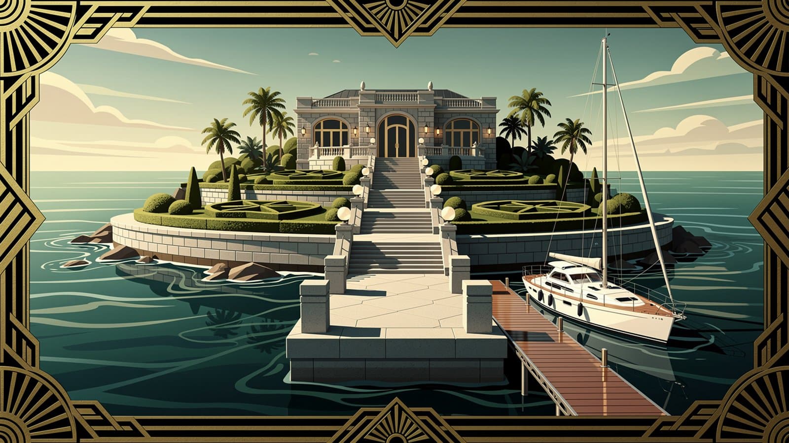 Infrastructure maritime d'une île privée française : quai, ponton et villa de prestige