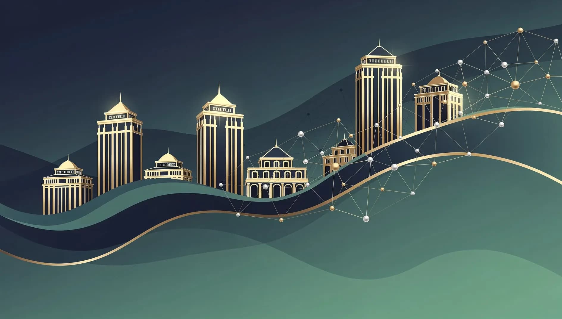 Visualisation abstraite de la transformation stratégique d'un groupe hôtelier, illustrant le passage de la propriété immobilière au modèle de franchise