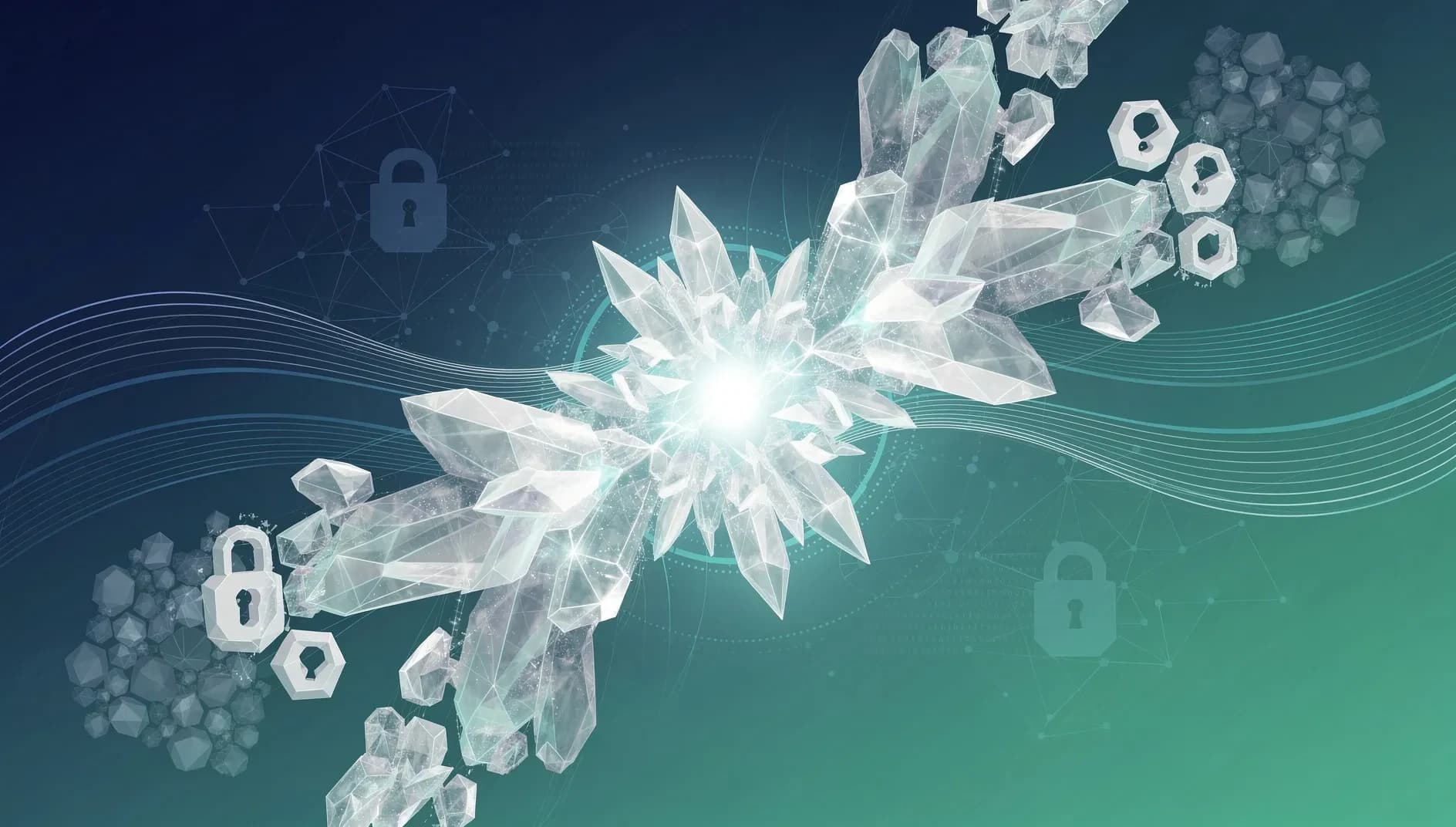 Visualisation abstraite de flux numériques cristallins convergents vers un noyau lumineux, symbolisant la consolidation des actifs Ethereum en staking
