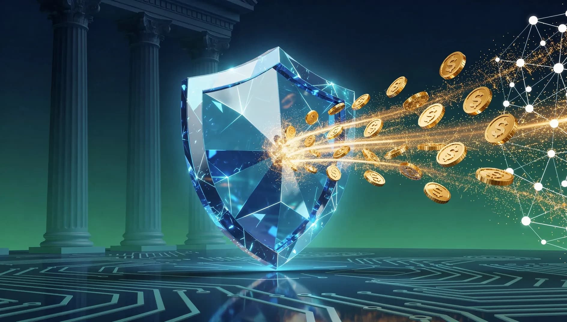 Illustration abstraite représentant un bouclier numérique européen protégeant des flux monétaires face à des courants extérieurs