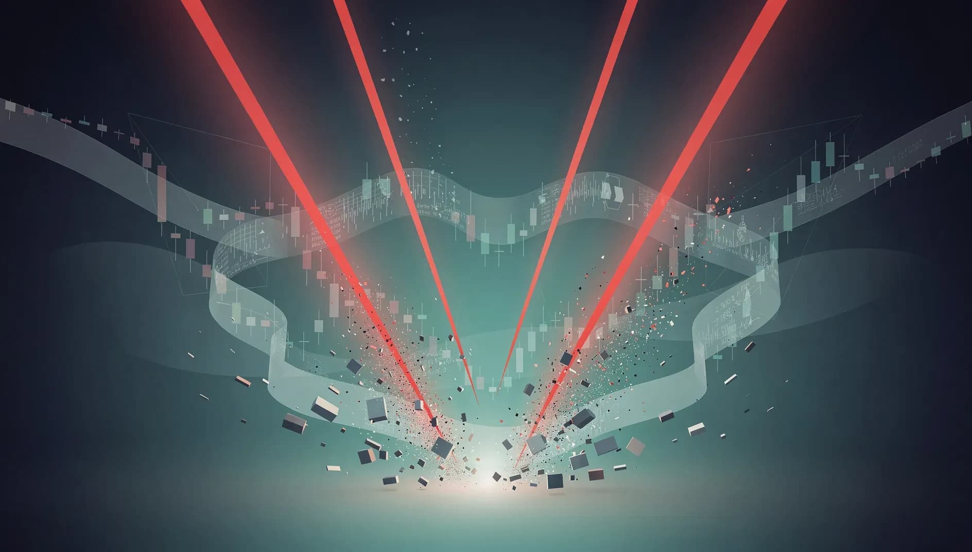 Visualisation abstraite de signaux d'alerte financiers convergents avec des flux de données descendants sur fond de gradient bleu profond et vert