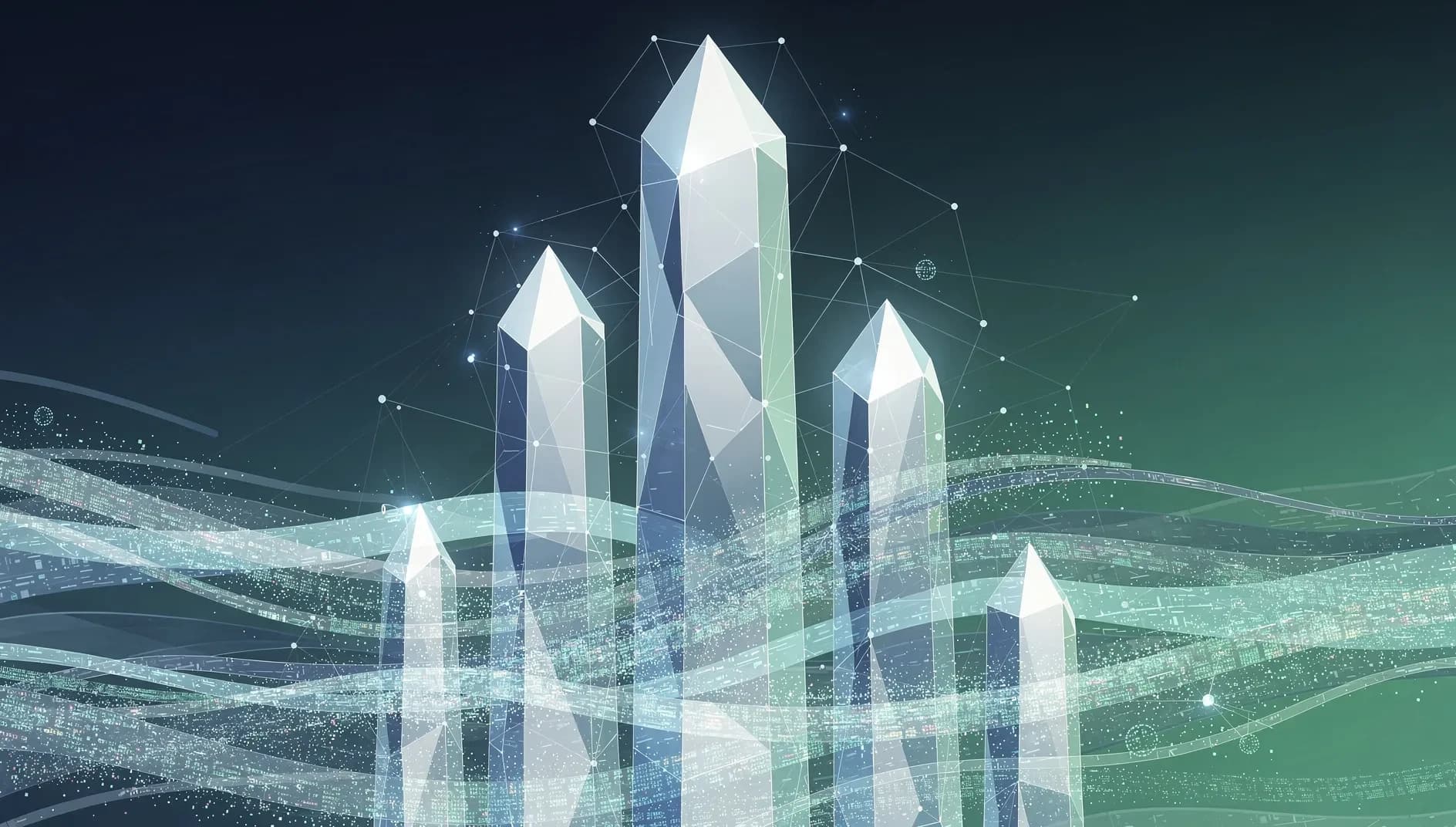 Représentation abstraite de l'émergence simultanée de trois géants technologiques sur les marchés boursiers mondiaux