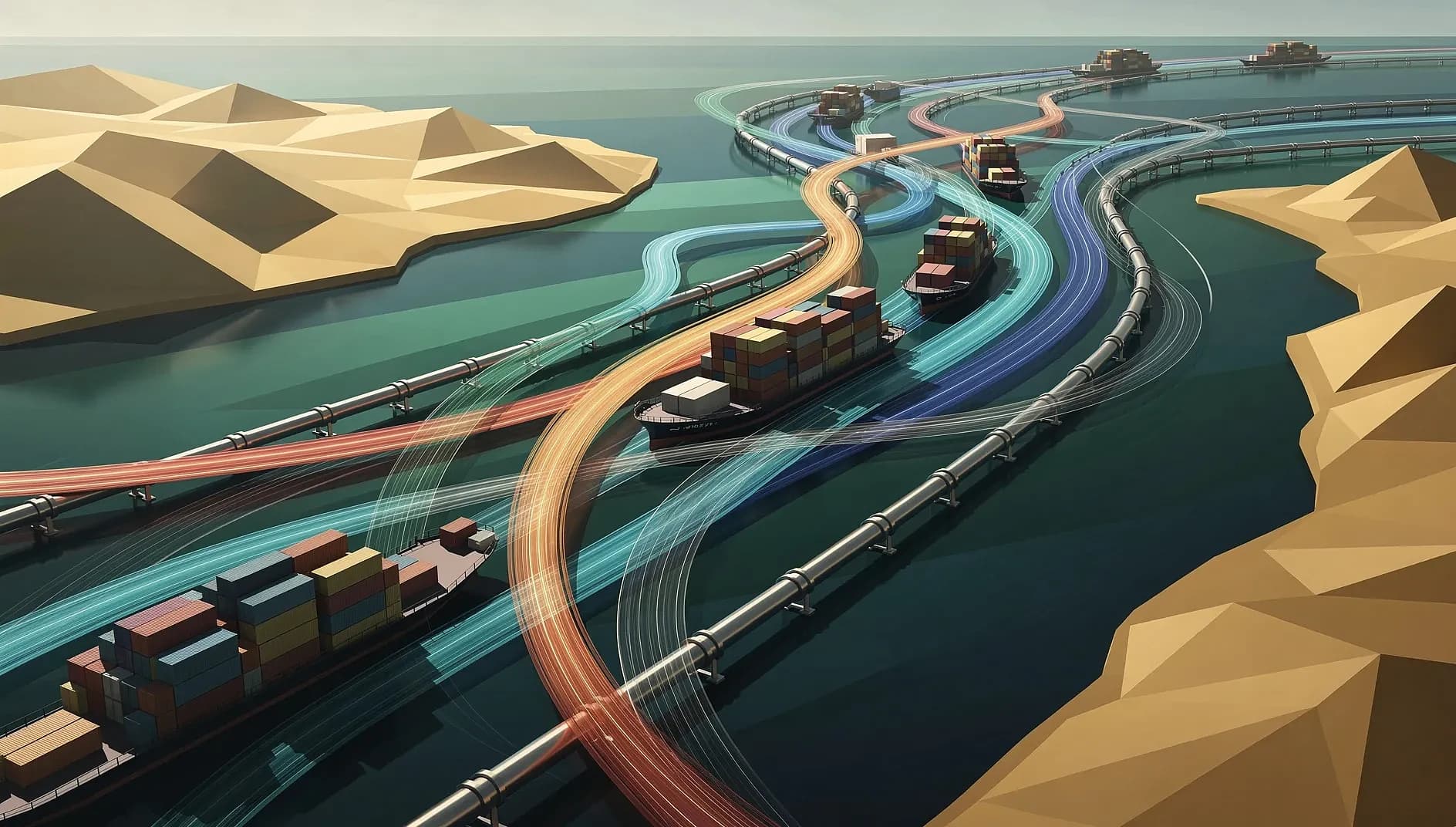 Visualisation abstraite du détroit d'Ormuz avec des flux de commerce maritime traversant un passage stratégique aux teintes profondes