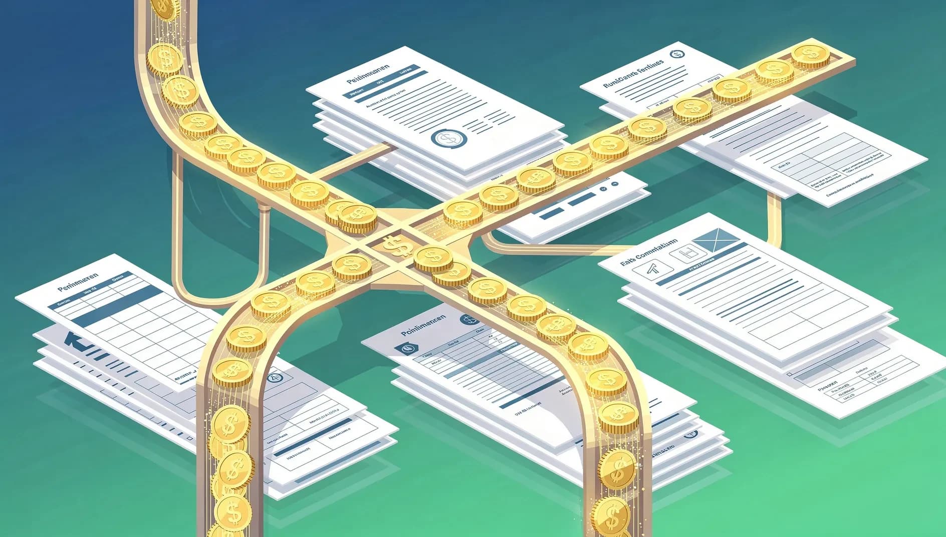 Visualisation abstraite de flux financiers et de mesures budgétaires convergeant vers les foyers français