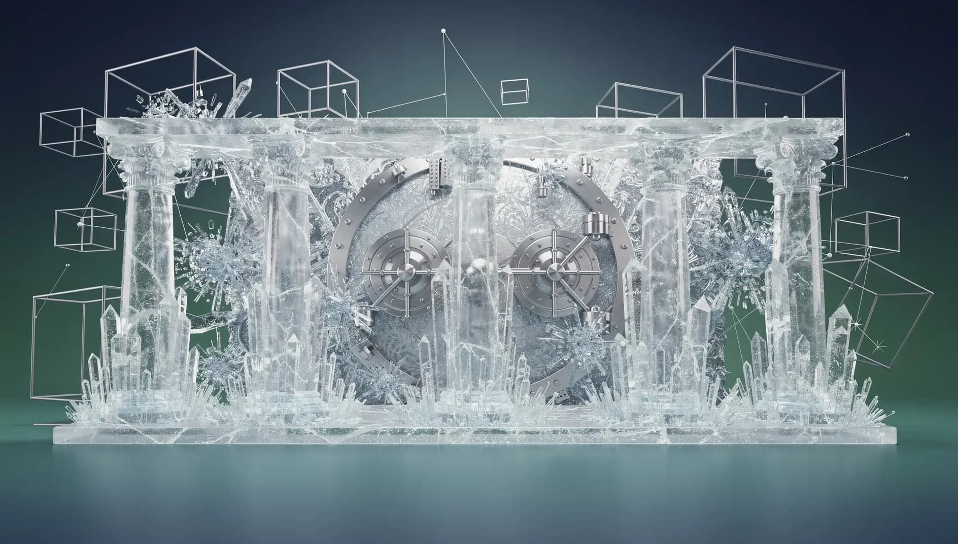 Représentation abstraite de la convergence des politiques monétaires mondiales, avec des flux de données et des structures institutionnelles interconnectées