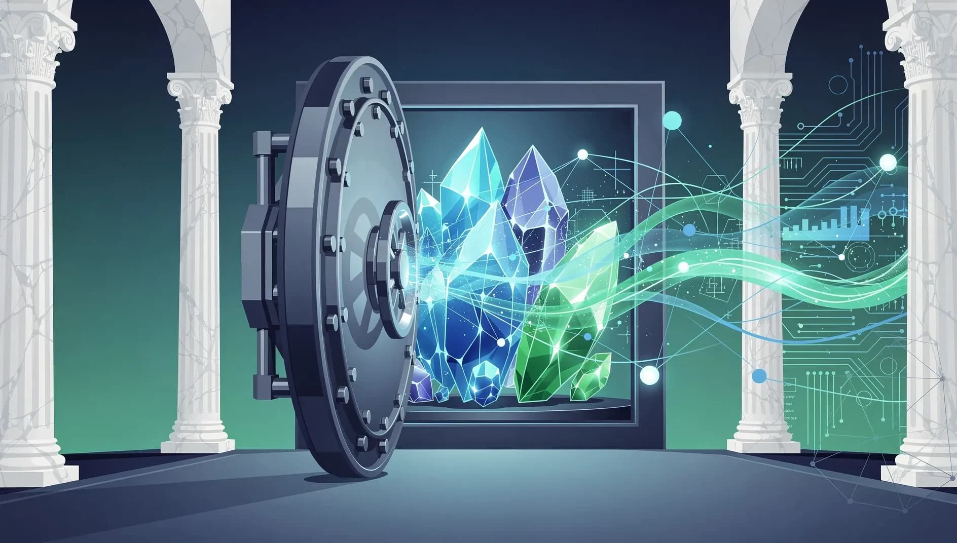 Représentation abstraite de la convergence entre finance traditionnelle et actifs numériques, avec des flux de données institutionnels et des structures cristallines interconnectées