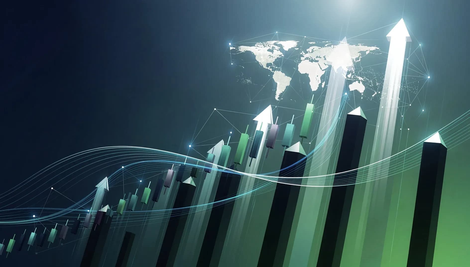 Visualisation abstraite de flux de données financières en mouvement ascendant avec des courbes dynamiques et des formes géométriques interconnectées