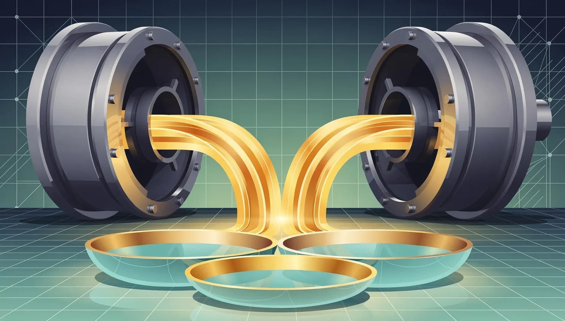 Visualisation abstraite de flux de capitaux entre marchés institutionnels et épargne populaire, représentant la convergence des investissements alternatifs et des plans de retraite