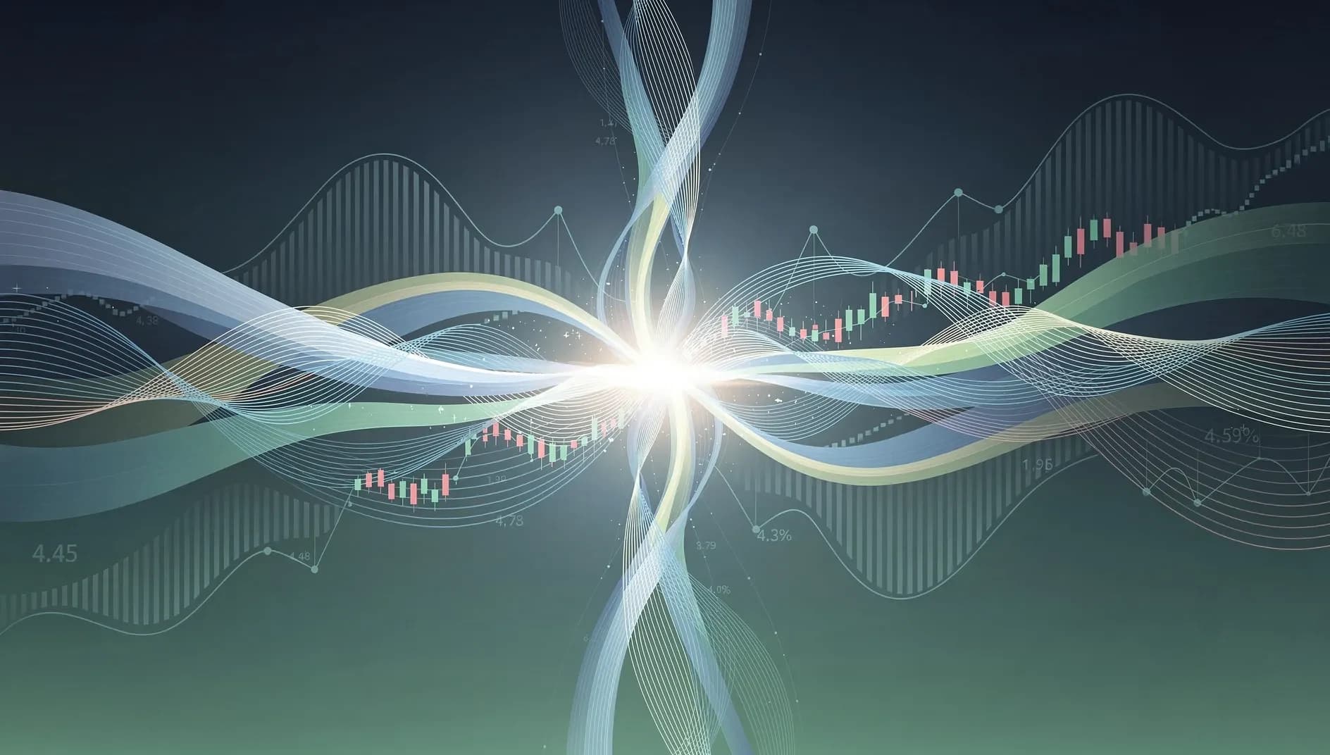 Visualisation abstraite de flux de données économiques convergents, symbolisant la multiplicité des indicateurs financiers et la tension sur les marchés mondiaux