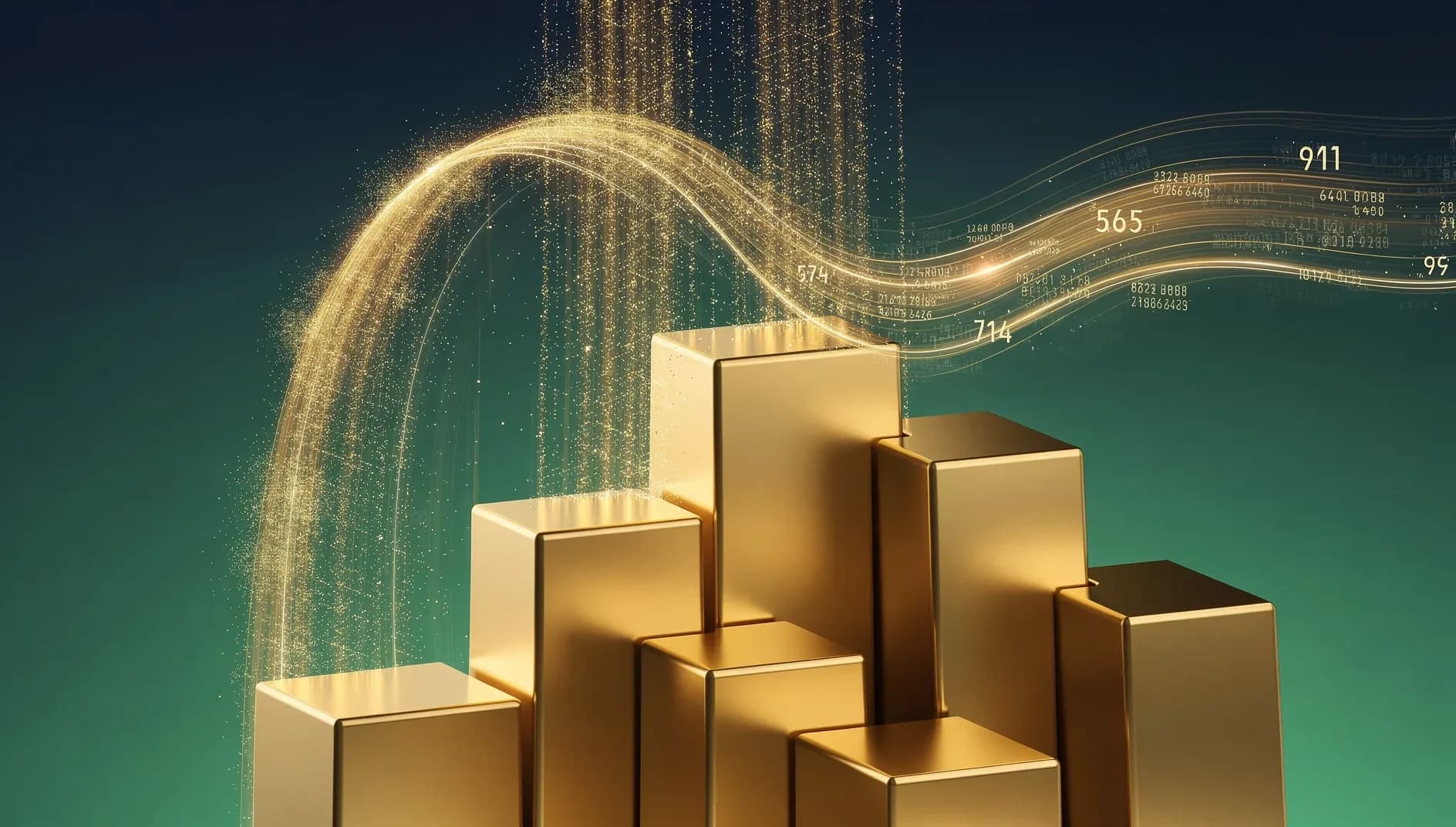Illustration abstraite évoquant des surfaces métalliques dorées et des flux de données financières sur fond de dégradé bleu et vert