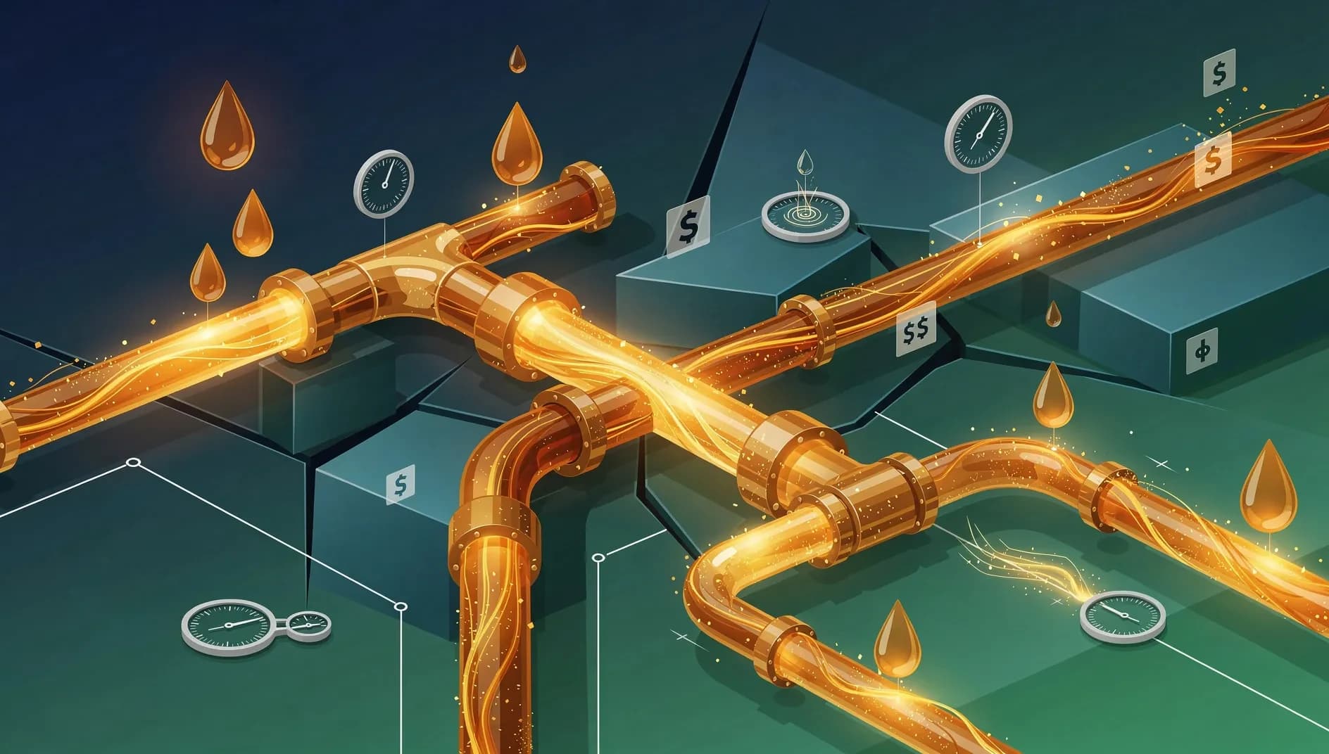 Visualisation abstraite de flux énergétiques sous tension, réservoirs en rupture et ondes de choc économiques sur fond de crise pétrolière mondiale