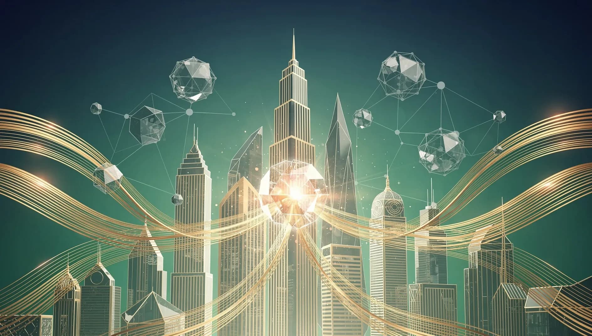 Visualisation abstraite de flux de capitaux convergents vers une place financière asiatique illuminée par des réseaux technologiques