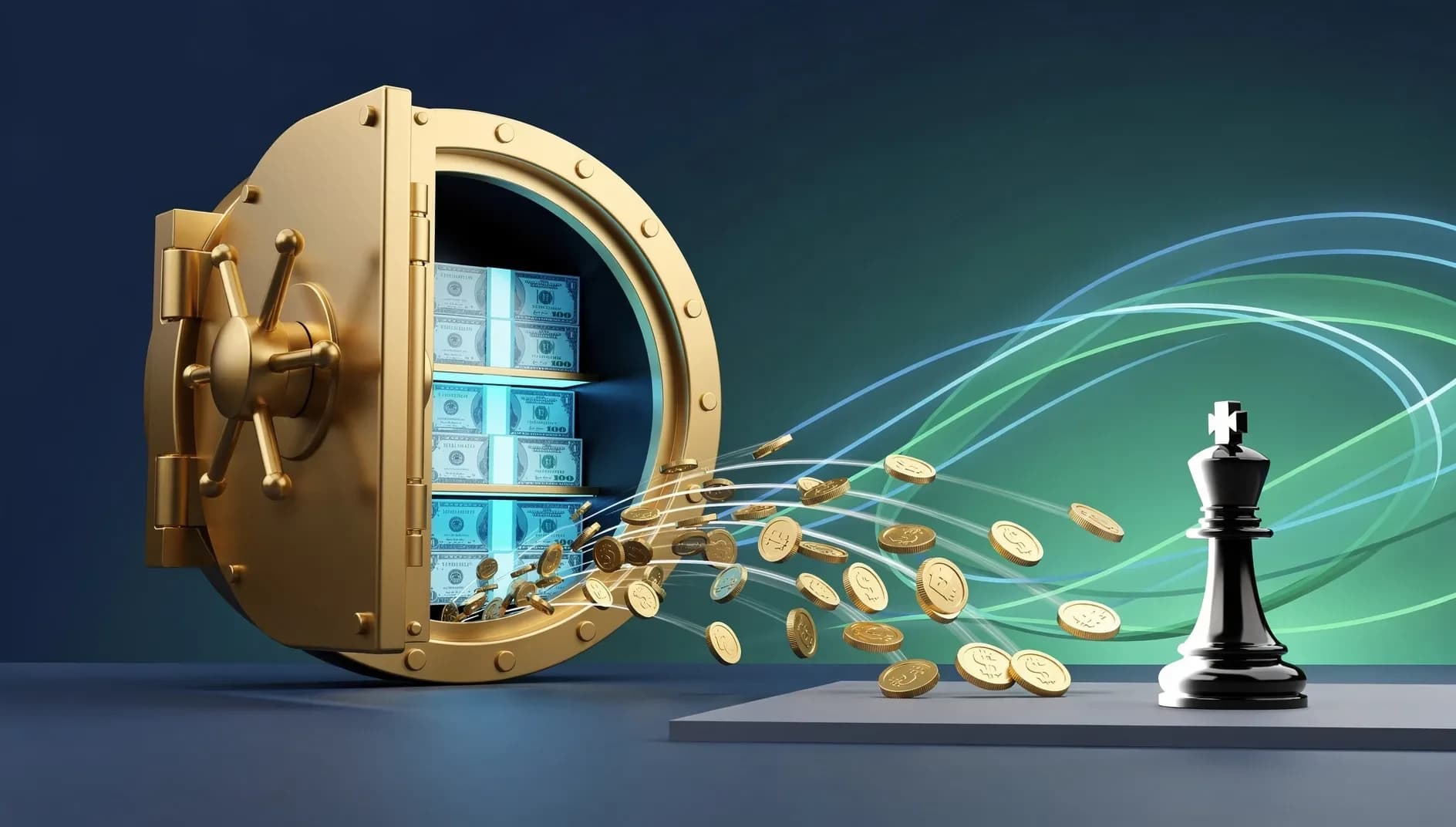 Illustration abstraite représentant une forteresse financière entourée de flux monétaires en attente, symbolisant la patience stratégique face aux marchés volatils