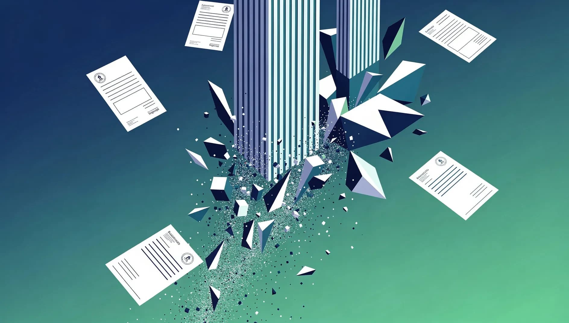 Visualisation abstraite de la fragilité du tissu économique français, avec des structures géométriques se fragmentant progressivement sur un fond bleu profond et vert émeraude