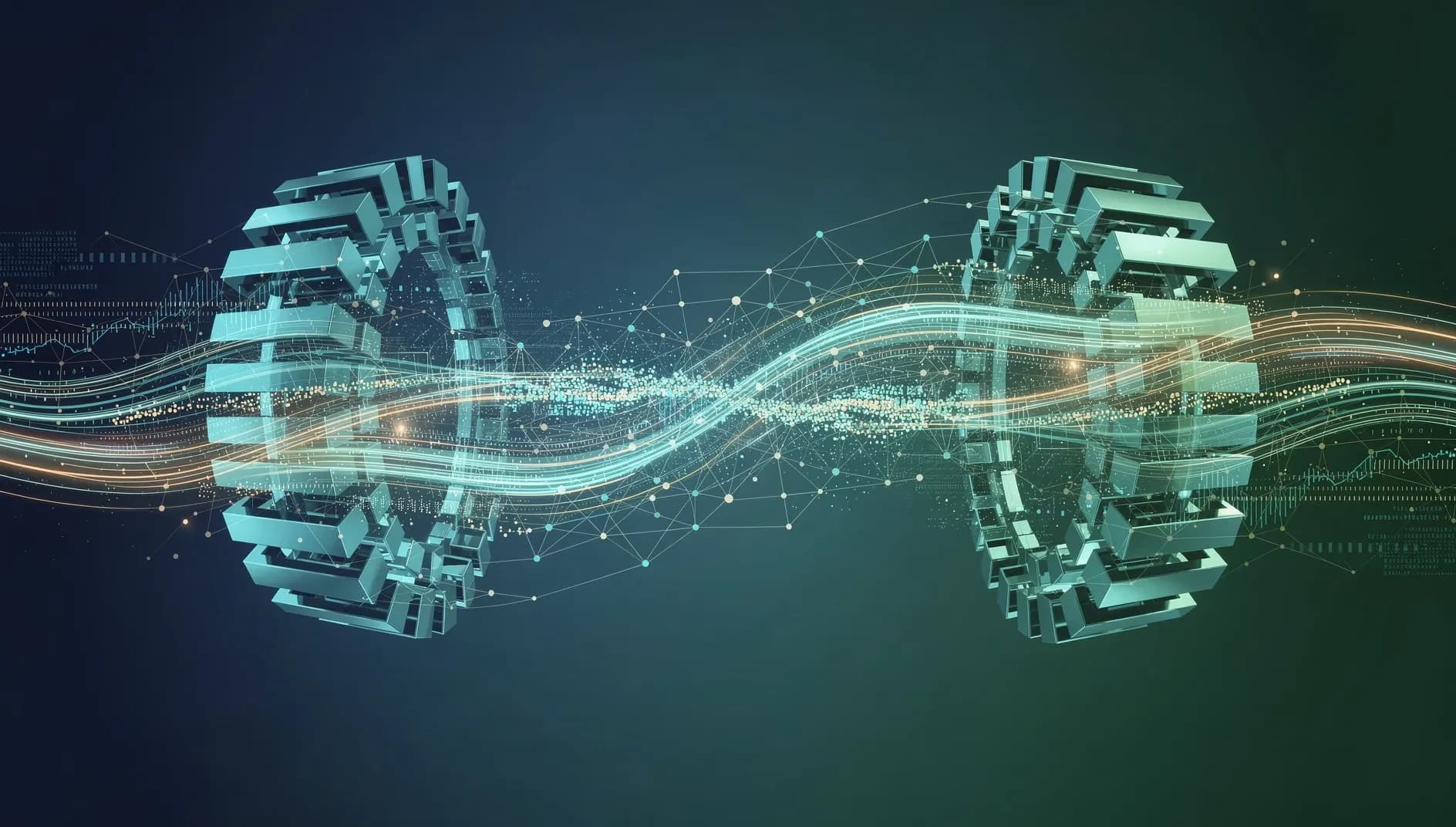 Visualisation abstraite de flux financiers dynamiques illustrant un rebond des marchés boursiers et une stratégie d'investissement équilibrée