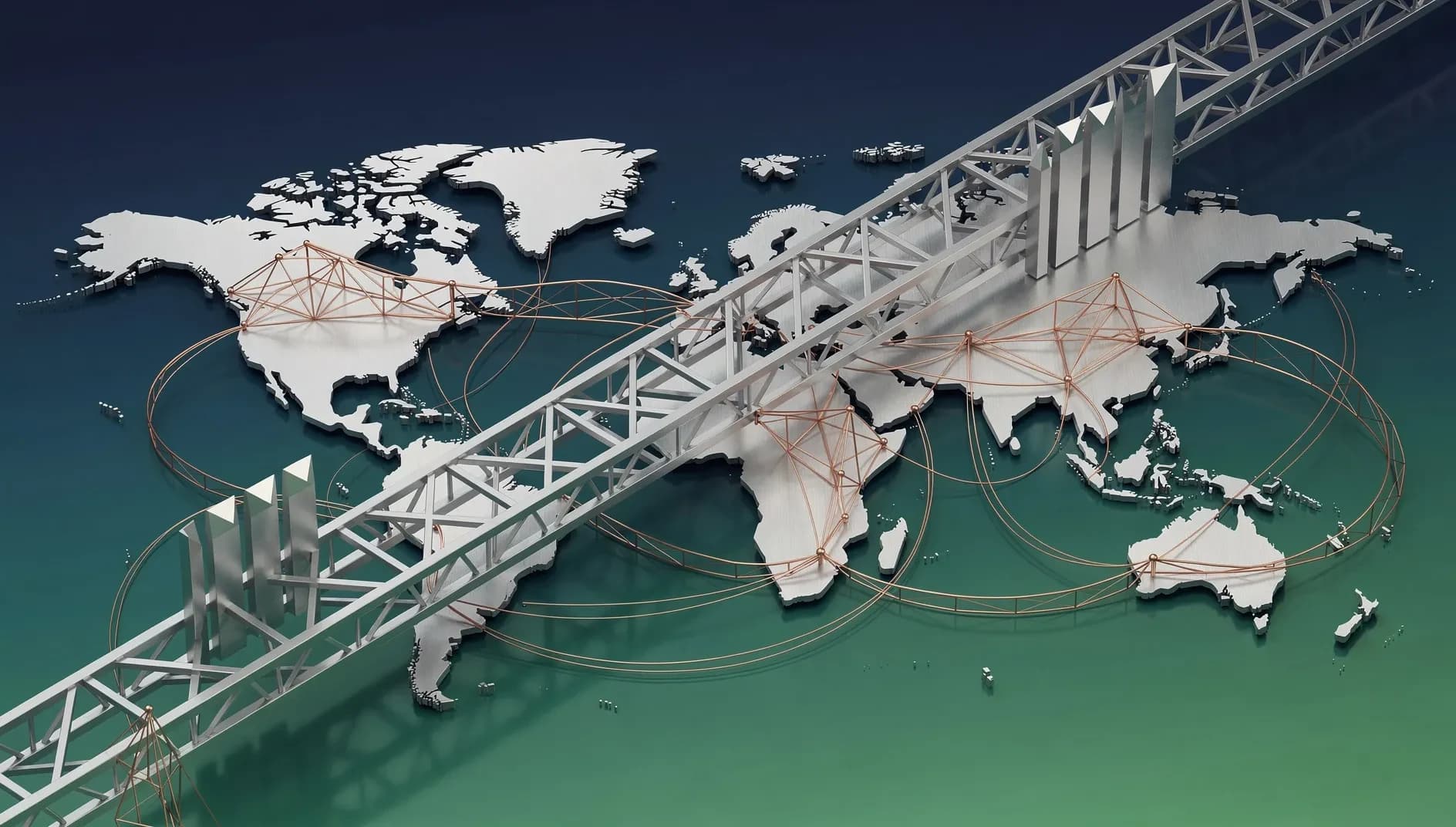Illustration abstraite évoquant les flux commerciaux métallurgiques mondiaux et les barrières tarifaires entre continents