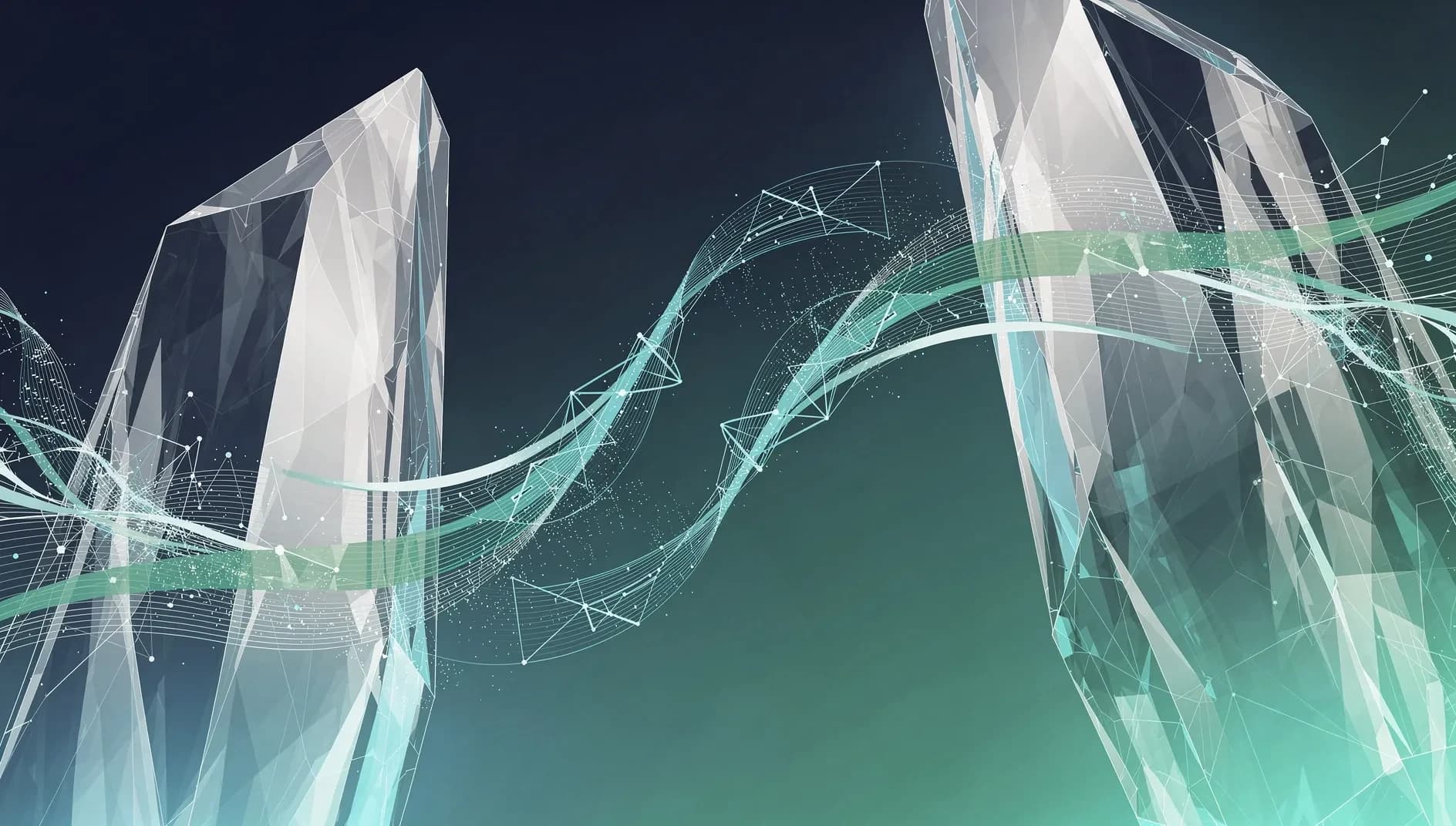 Illustration abstraite de flux financiers concurrents et de structures cristallines représentant la compétition entre géants de la gestion indicielle