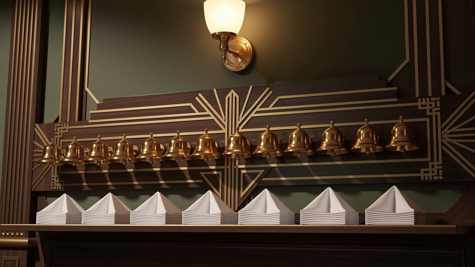 Cloches de service en laiton sur panneau Art Déco
