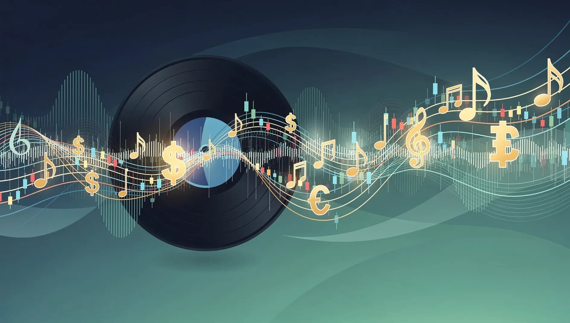 Illustration abstraite de la fusion entre univers musical et marchés financiers, avec des ondes sonores entrelacées à des flux de données boursières