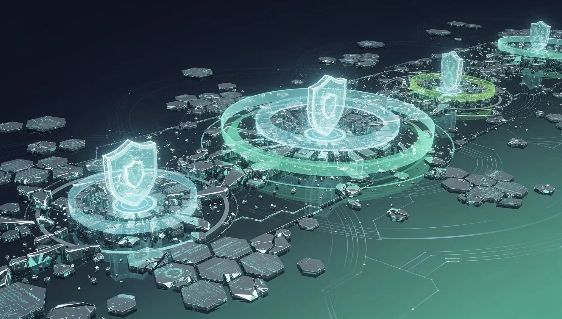Illustration abstraite de réseaux blockchain fragmentés avec des structures cristallines numériques symbolisant la sécurité et la vulnérabilité des protocoles décentralisés