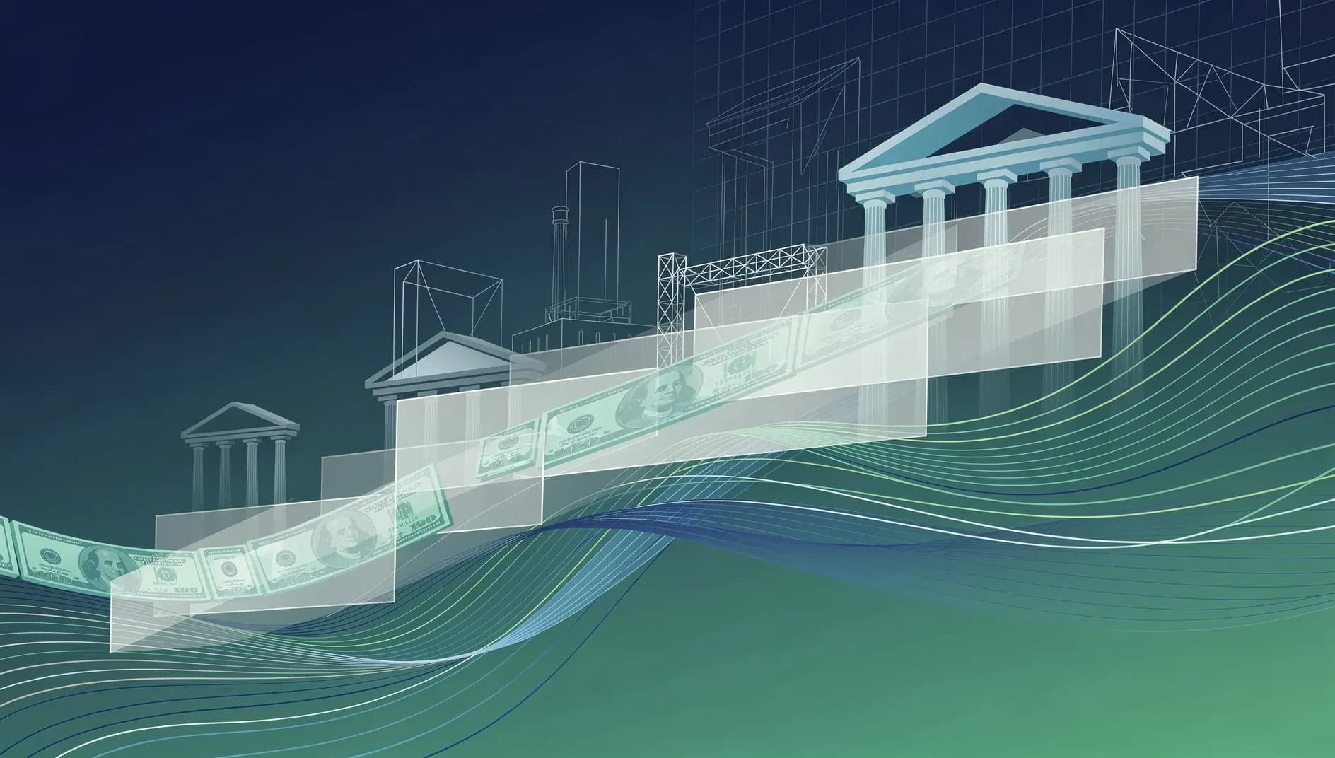 Illustration abstraite évoquant la fiscalité et la déclaration de revenus, avec des formes géométriques et des flux de données en dégradé bleu et vert