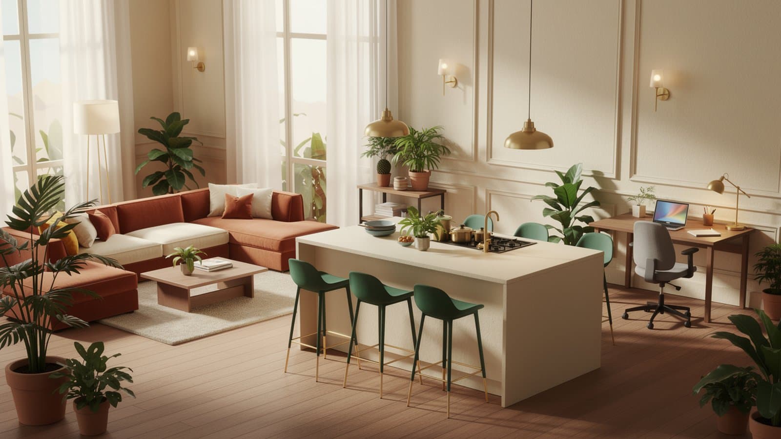 Espace commun de coliving avec cuisine partagée et salon convivial en France