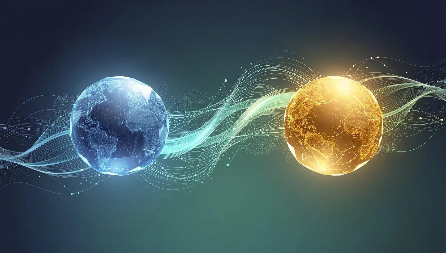 Illustration abstraite de flux de données interconnectés symbolisant la convergence entre intelligence artificielle et marketing mondial