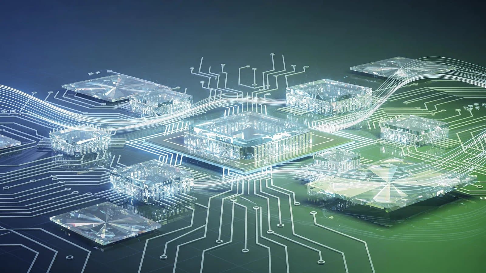 Visualisation abstraite de circuits numériques et de flux de données interconnectés symbolisant le supercycle mondial des puces mémoire IA