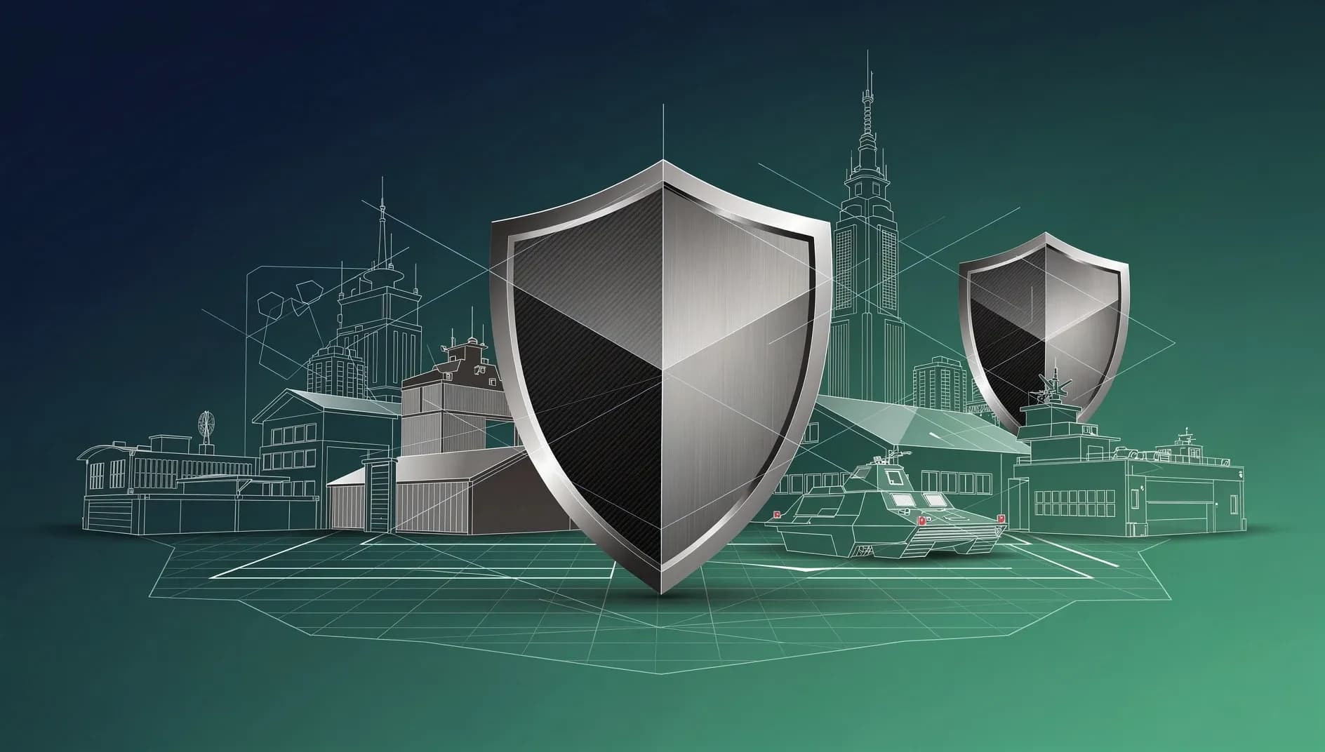 Illustration abstraite de structures géométriques représentant la puissance militaire et industrielle, dans des tons bleu profond et vert émeraude