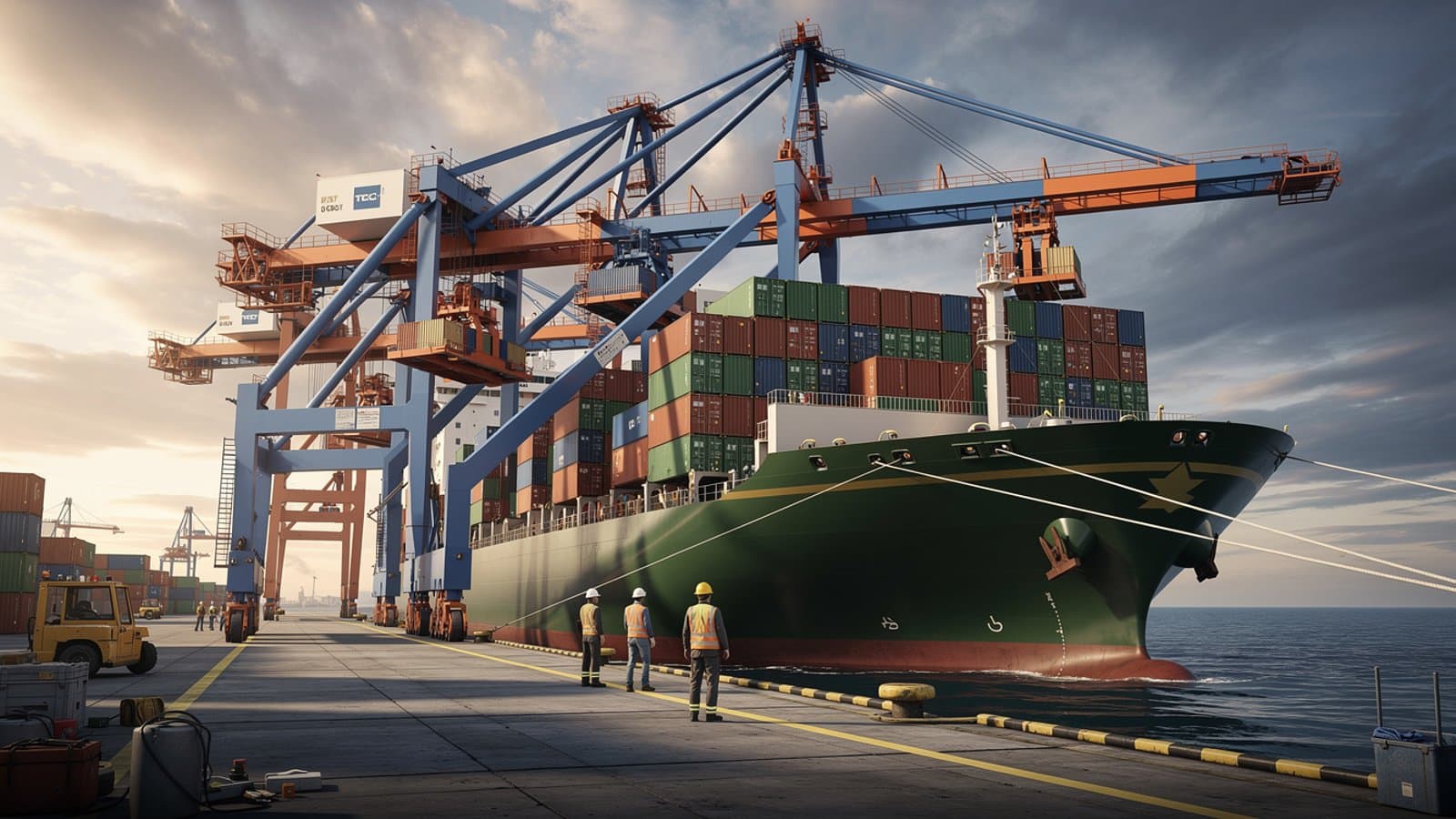 Conteneurs maritimes en leasing chargés sur un porte conteneurs dans un grand port commercial