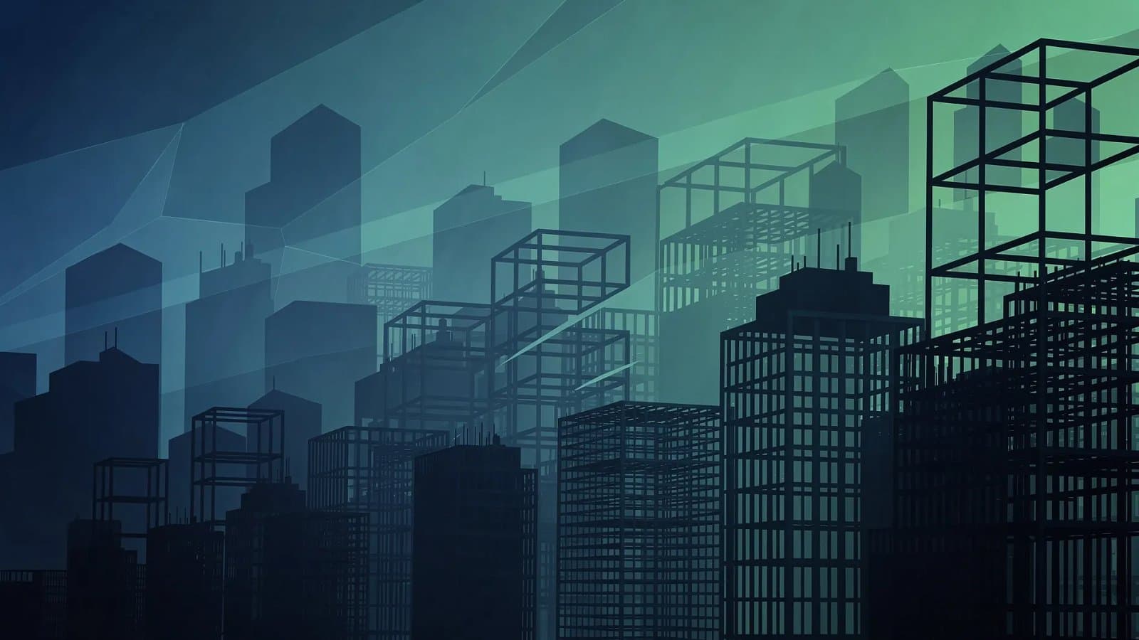 Illustration abstraite représentant la contraction du marché immobilier d'entreprise, avec des formes architecturales géométriques en déclin sur un arrière plan de dégradé bleu profond et vert émeraude