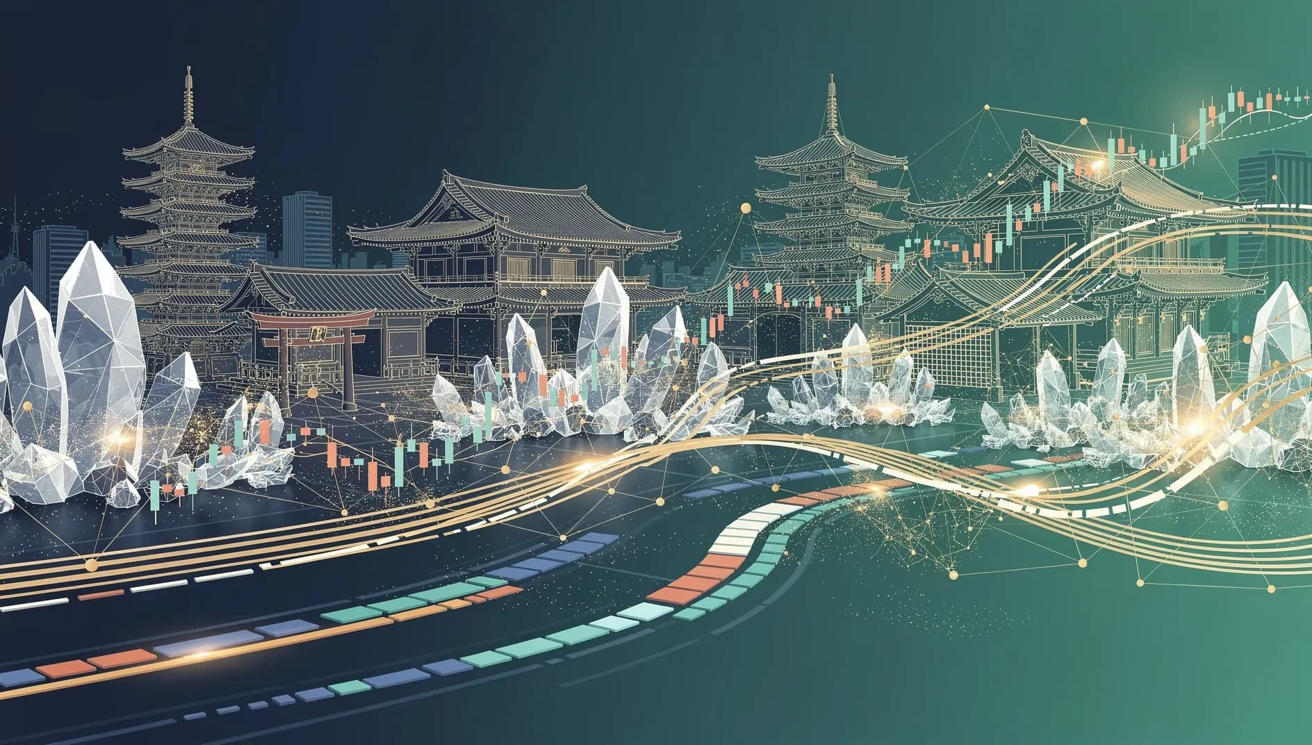 Illustration abstraite représentant la convergence entre la finance traditionnelle et les actifs numériques, avec des structures cristallines et des réseaux de données