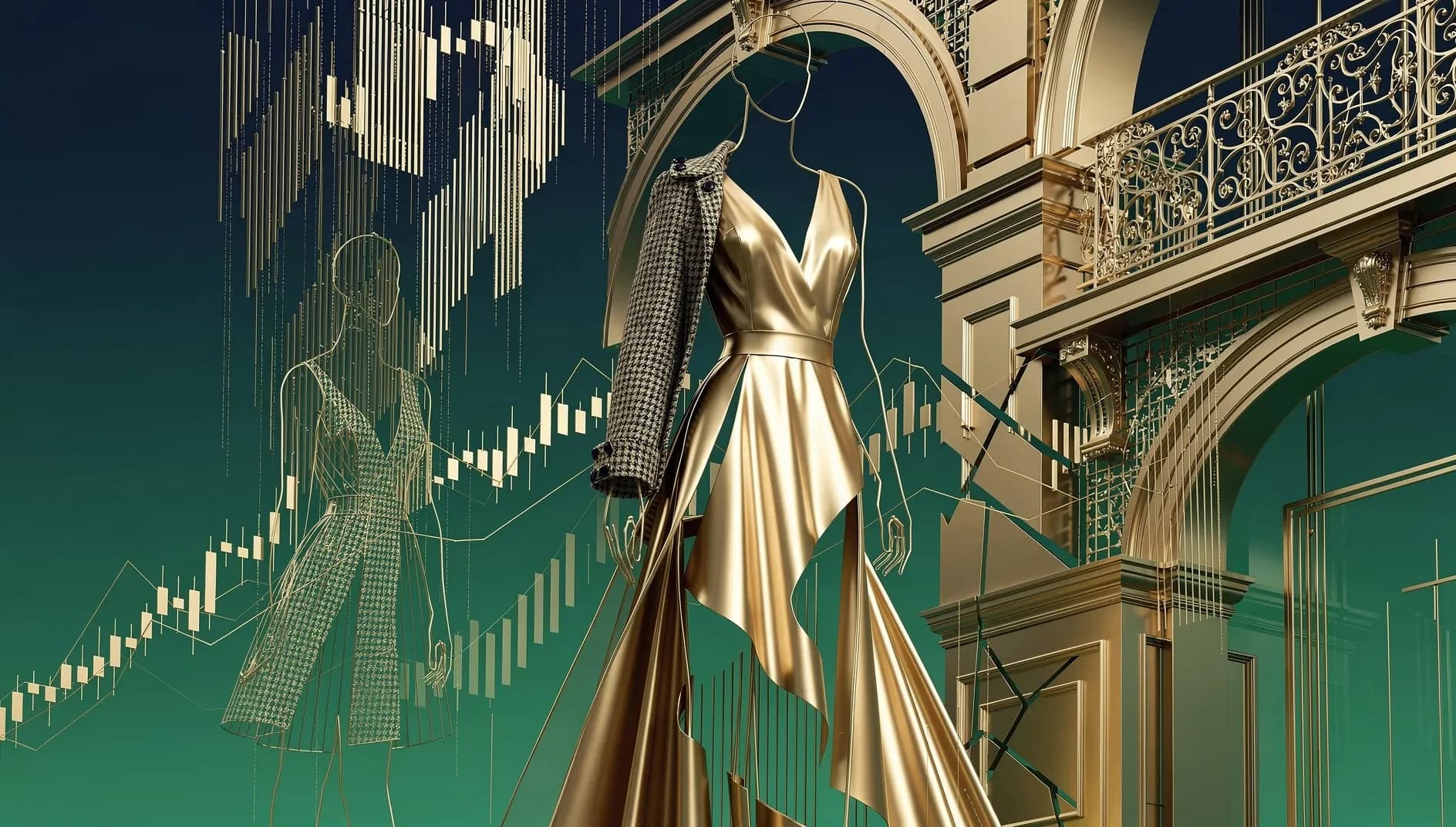 Illustration abstraite évoquant les grandes maisons du luxe européen face à la volatilité des marchés financiers
