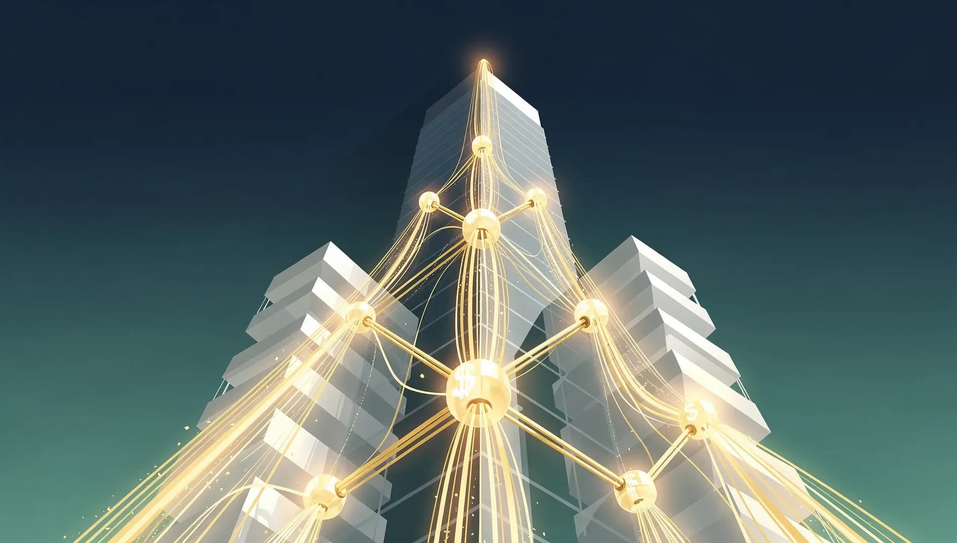 Illustration abstraite de flux de capitaux massifs convergeant vers des structures géométriques ascendantes, symbolisant le déploiement record du capital investissement