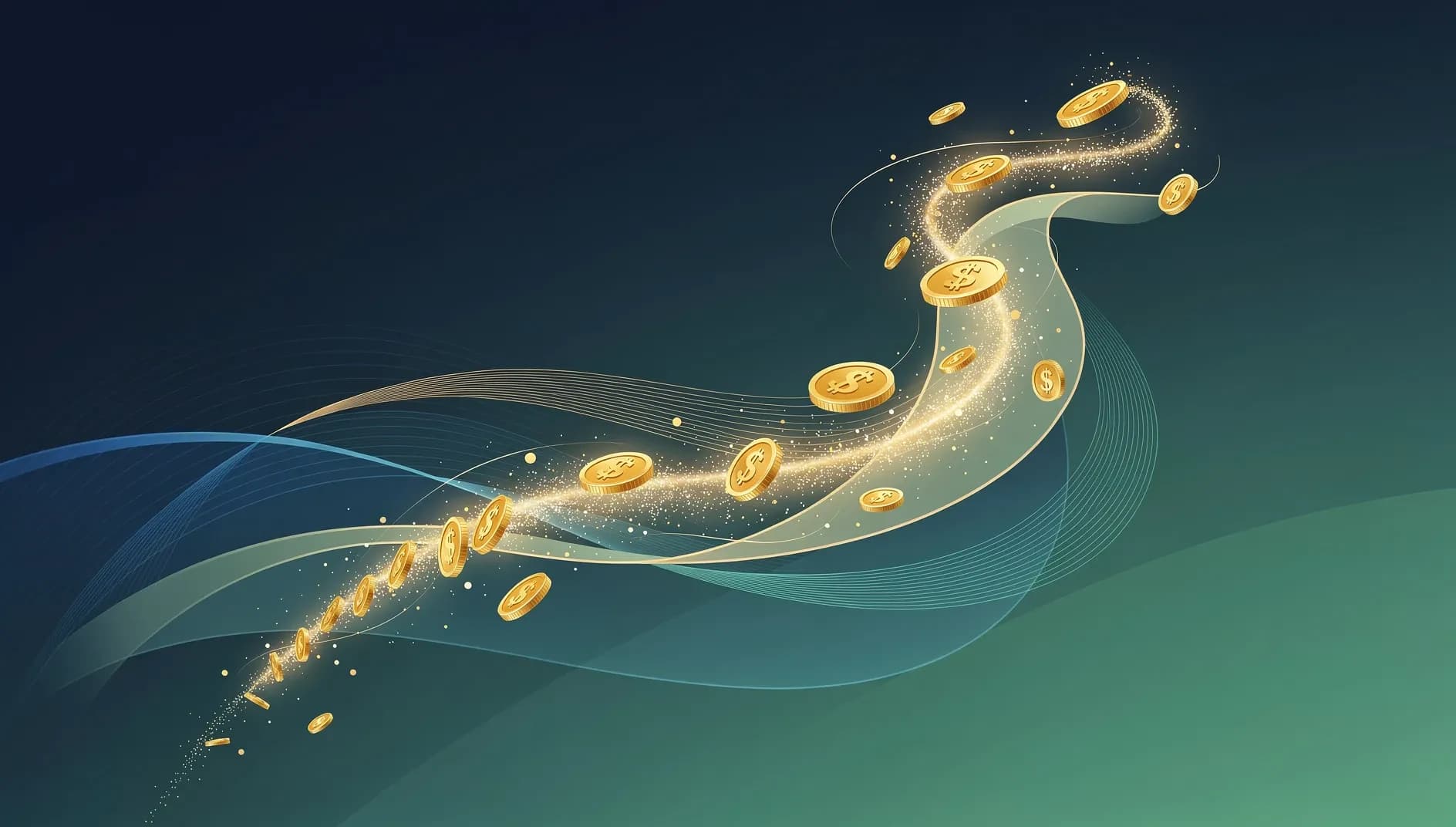 Visualisation abstraite de courbes financières ascendantes et de flux monétaires sur fond de gradient bleu et vert, symbolisant le rebond des taux d'épargne