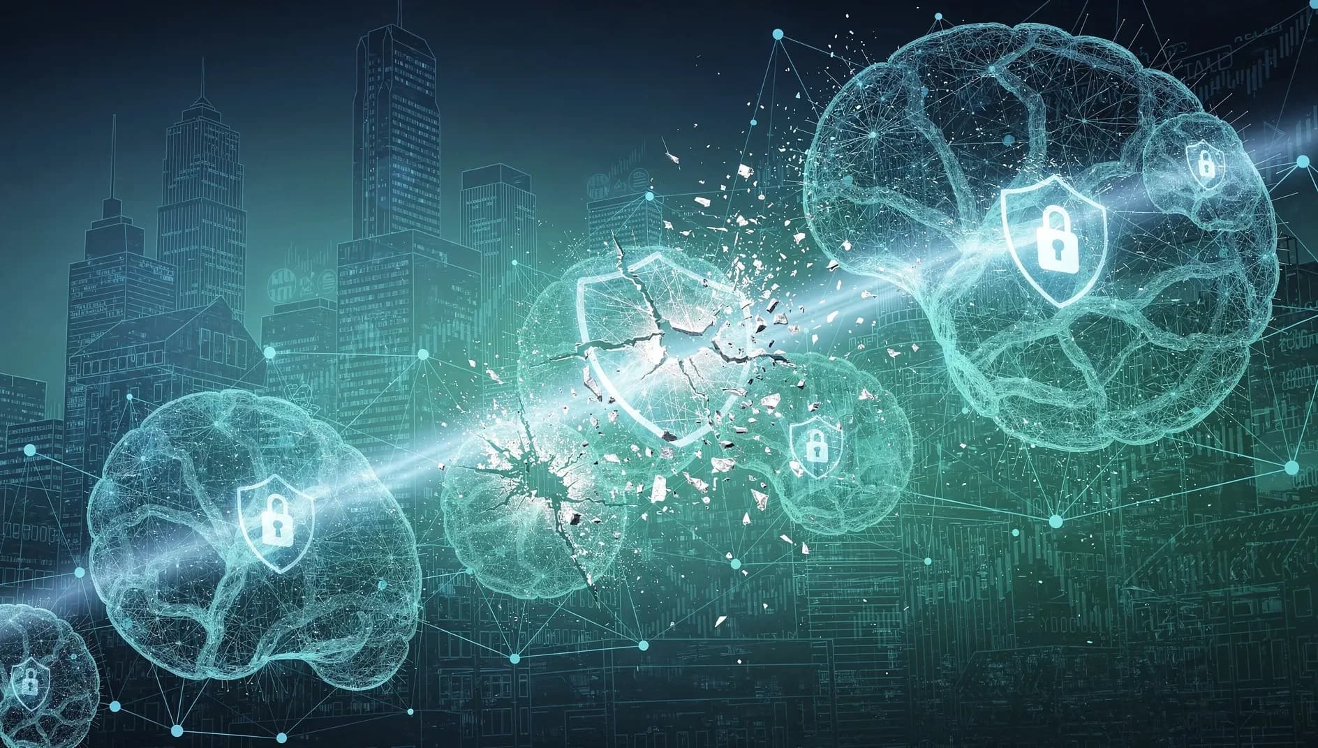 Visualisation abstraite d'un réseau numérique interconnecté symbolisant les vulnérabilités logicielles détectées par l'intelligence artificielle dans les systèmes financiers mondiaux