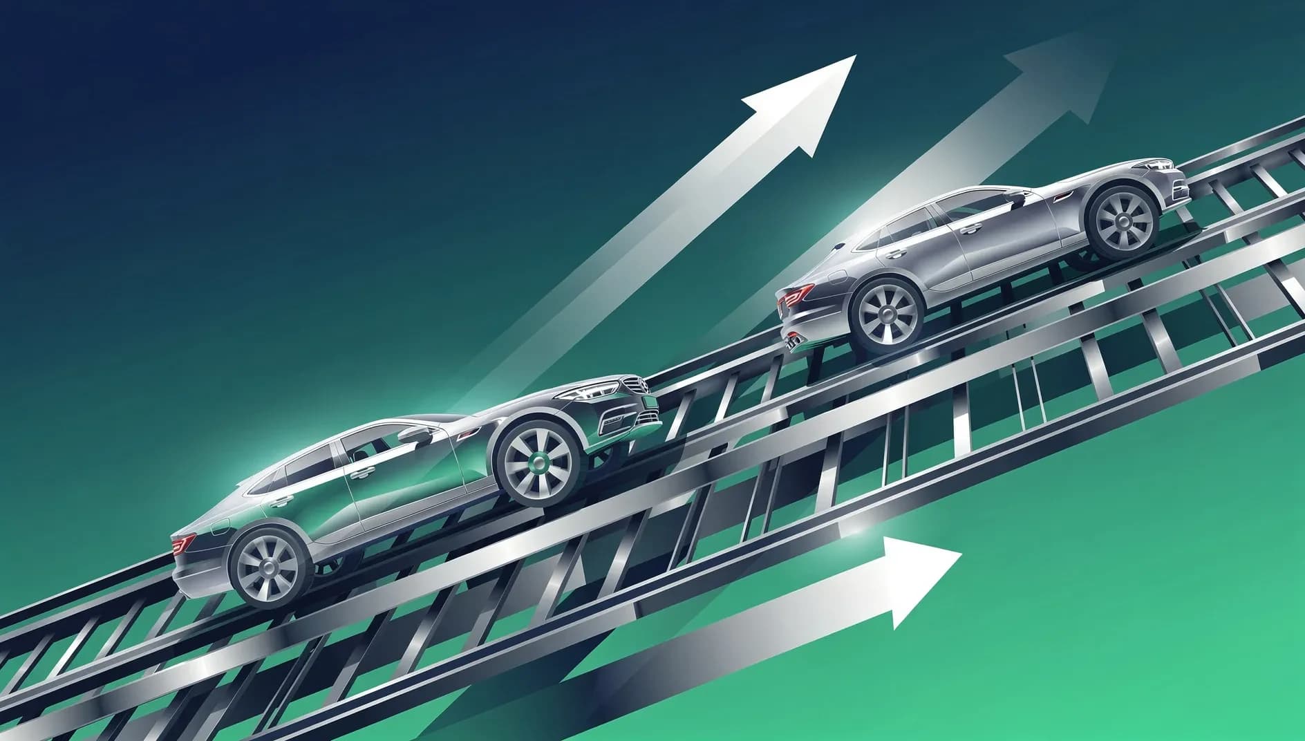 Illustration abstraite d'une dynamique industrielle automobile en plein renouveau, formes géométriques ascendantes évoquant la production et la croissance