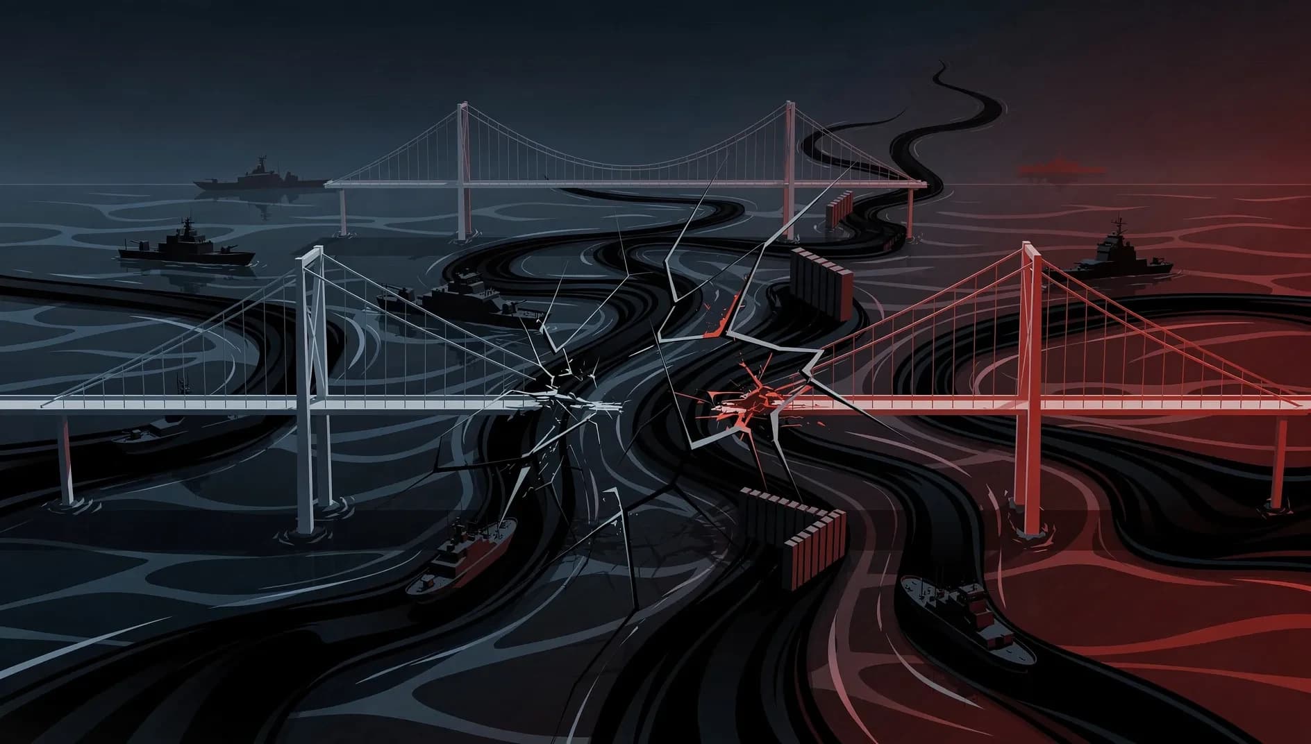 Représentation abstraite de tensions géopolitiques mondiales avec des flux énergétiques perturbés et des lignes de fracture diplomatiques