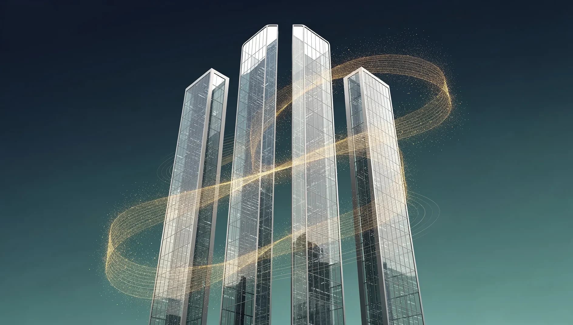 Illustration abstraite d'une architecture financière en transformation avec des formes géométriques ascendantes et des flux de données sur fond de dégradé bleu et vert