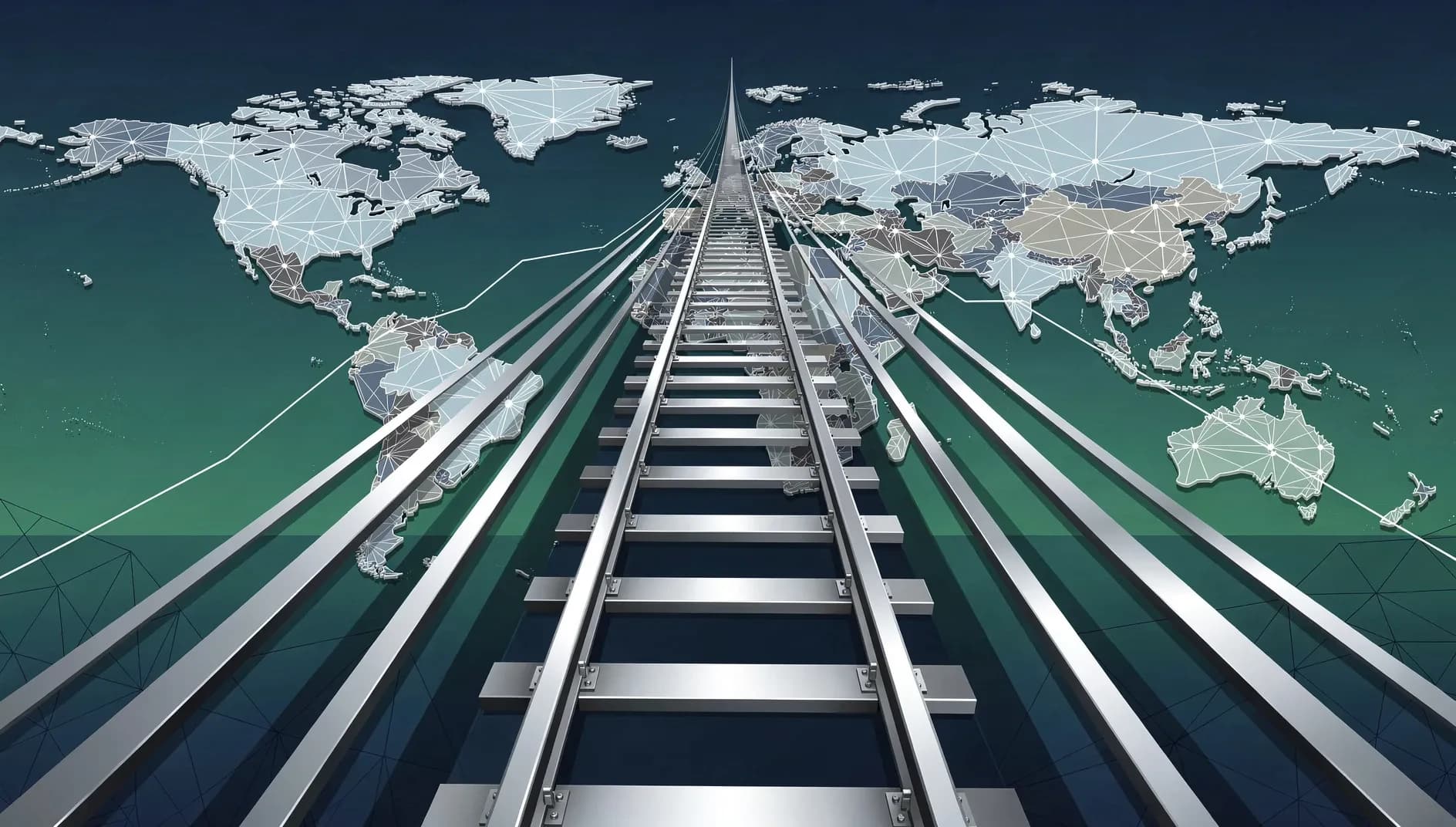 Illustration abstraite d'un réseau ferroviaire transcontinental symbolisant la connexion entre les côtes est et ouest des États Unis