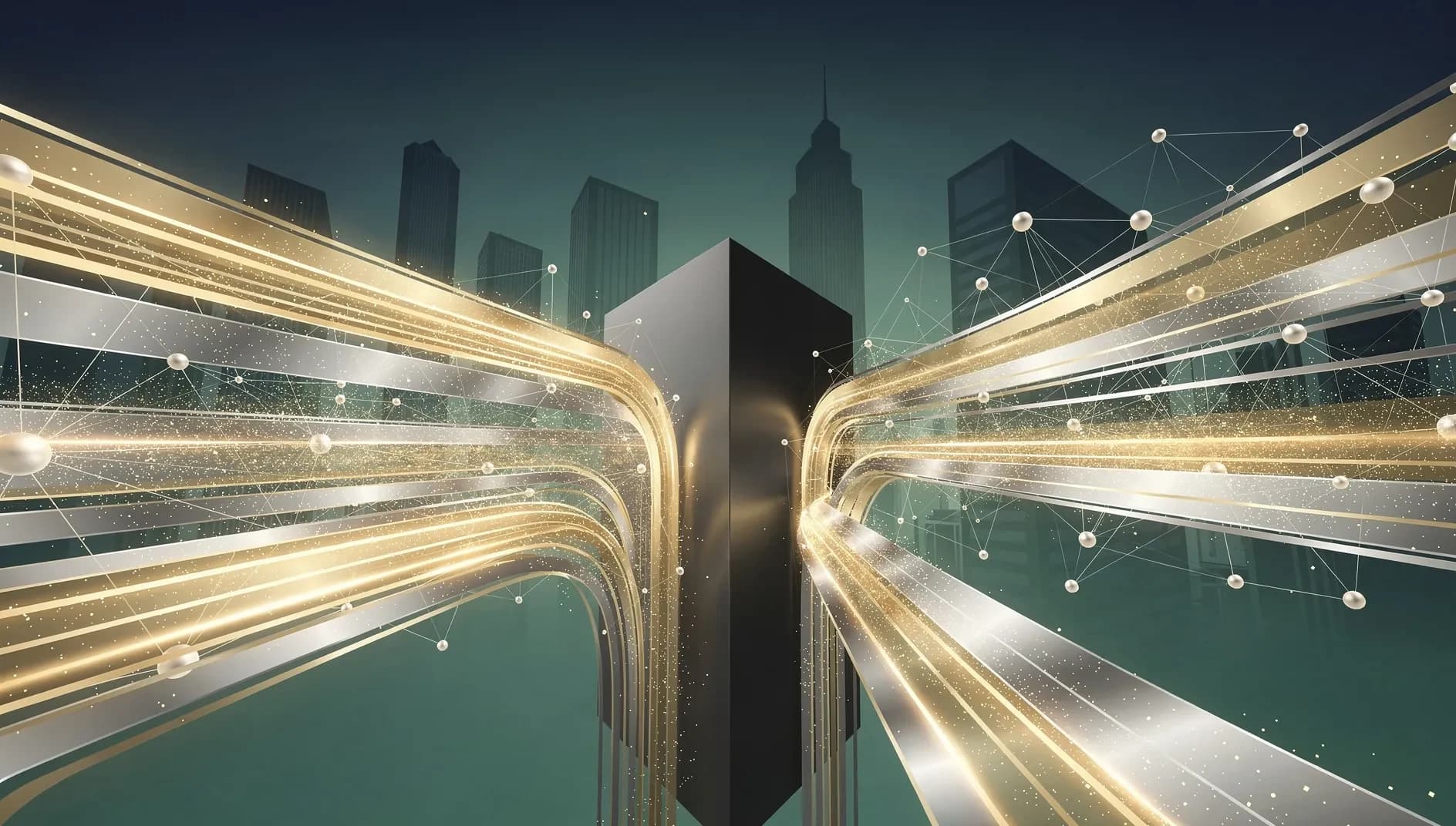 Visualisation abstraite de flux financiers convergents représentant la concentration massive des actifs sous gestion dans la finance mondiale