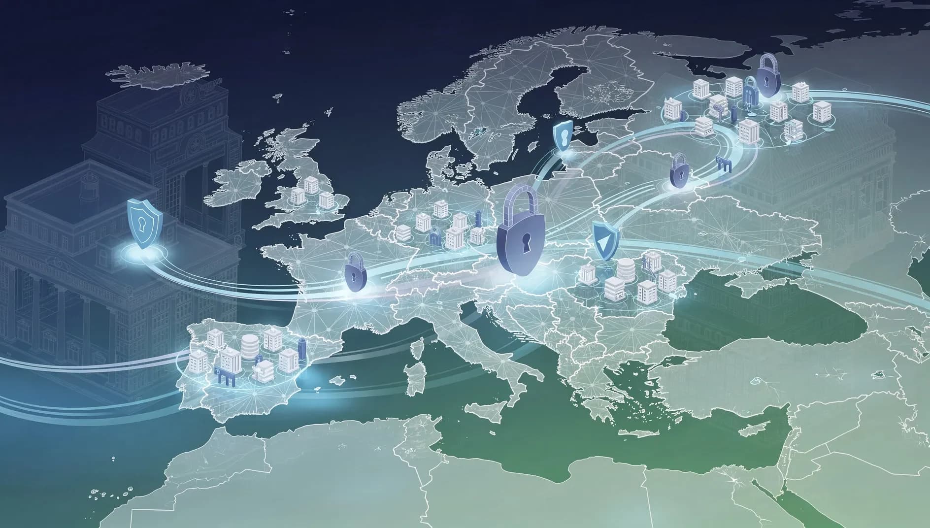 Illustration abstraite représentant des flux de paiements numériques traversant un cadre réglementaire européen, avec des motifs de réseau interconnectés