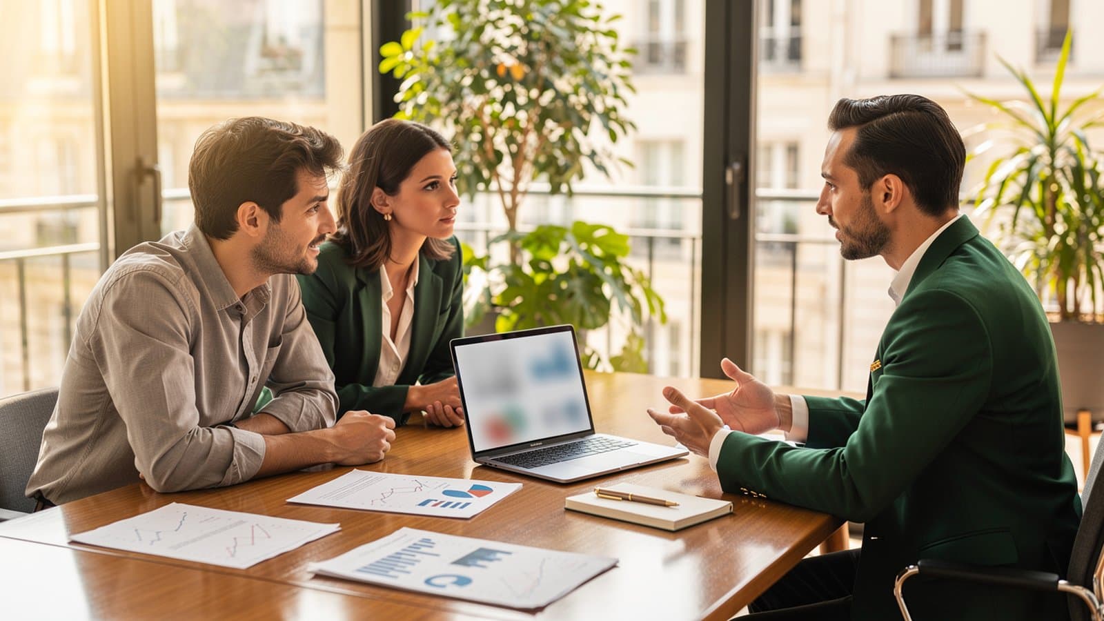 Conseiller en gestion de patrimoine analysant un portefeuille avec un client dans un bureau moderne