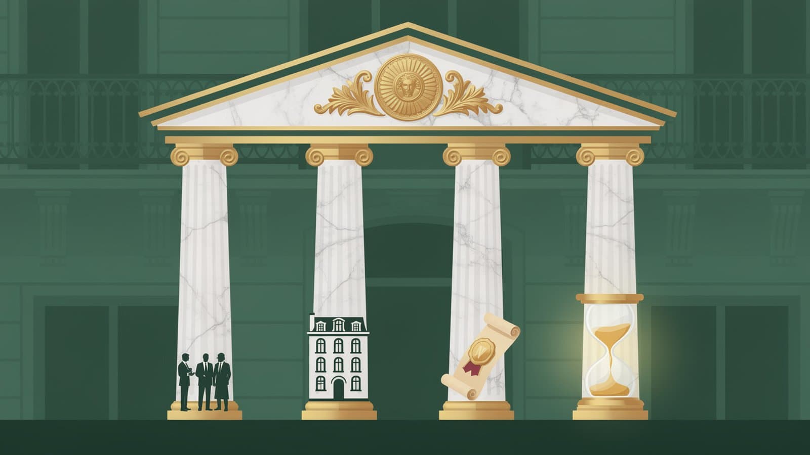 Schéma illustré des quatre piliers d'un club deal : investisseurs restreints, actif identifié, véhicule dédié, horizon temporel